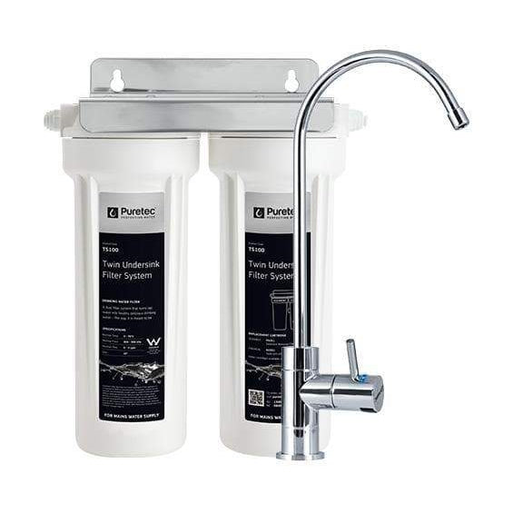 Puretec TS100 Twin Undersink Water Filtration System with Chrome Faucet - 4 GPM Flow Rate | Clean Drinking Water for Kitchen, RV & Office Use