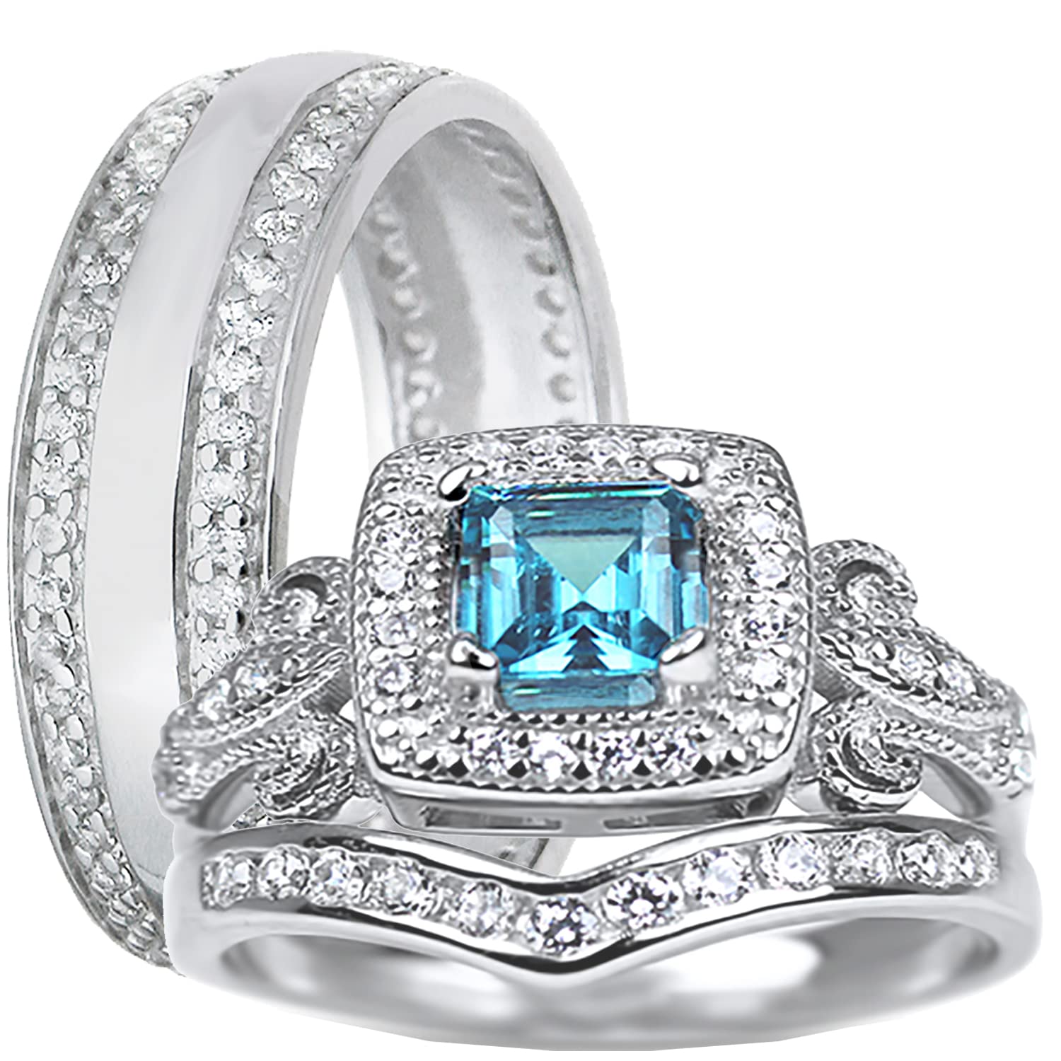 LaRaso & Co His and Hers Wedding Ring Set - 3 Piece TRIO Matching Sterling Silver Bands for Couples - Perfect for Engagement, Anniversary, and Wedding Ceremonies
