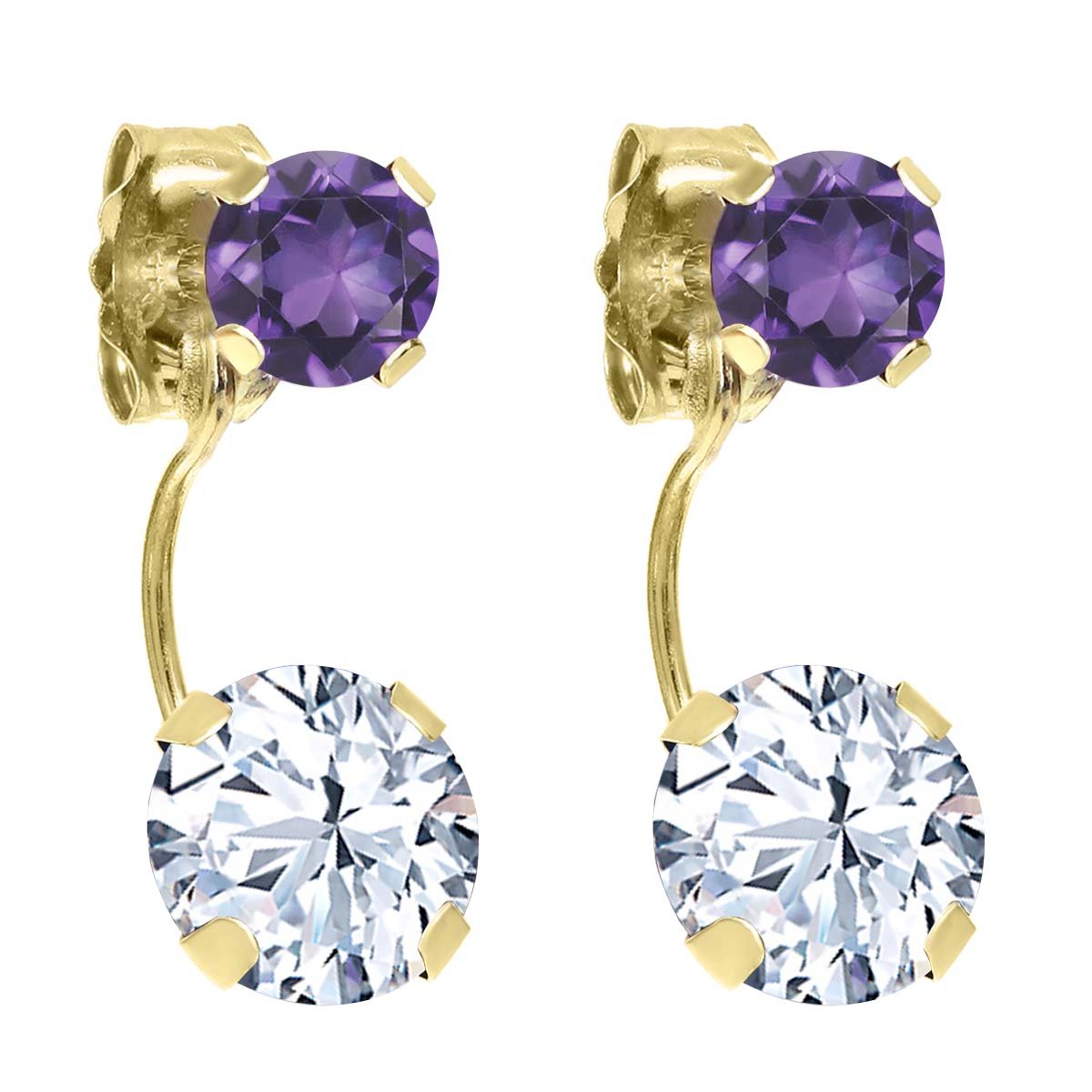 2.18 Ct Round White Zirconia & Purple Amethyst 14K Yellow Gold Earrings for Women - Elegant Gemstone Jewelry Gift for Birthday, Anniversary & Special Occasions