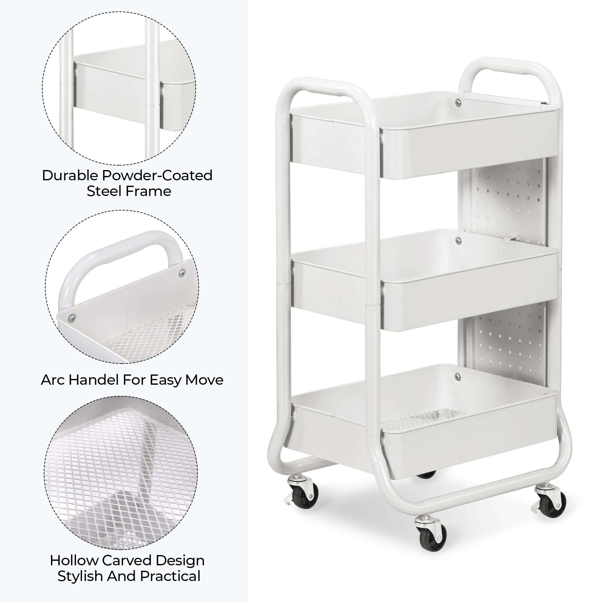 DESIGNA 3-Tier Rolling Utility Cart with Handle - Metal Storage Cart with Removable Pegboard & 3 Accessories - Easy Assembly Organizer for Kitchen, Bathroom, Office, Craft Room - White (Perfect for Home Organization & Mobile Storage Solutions)
