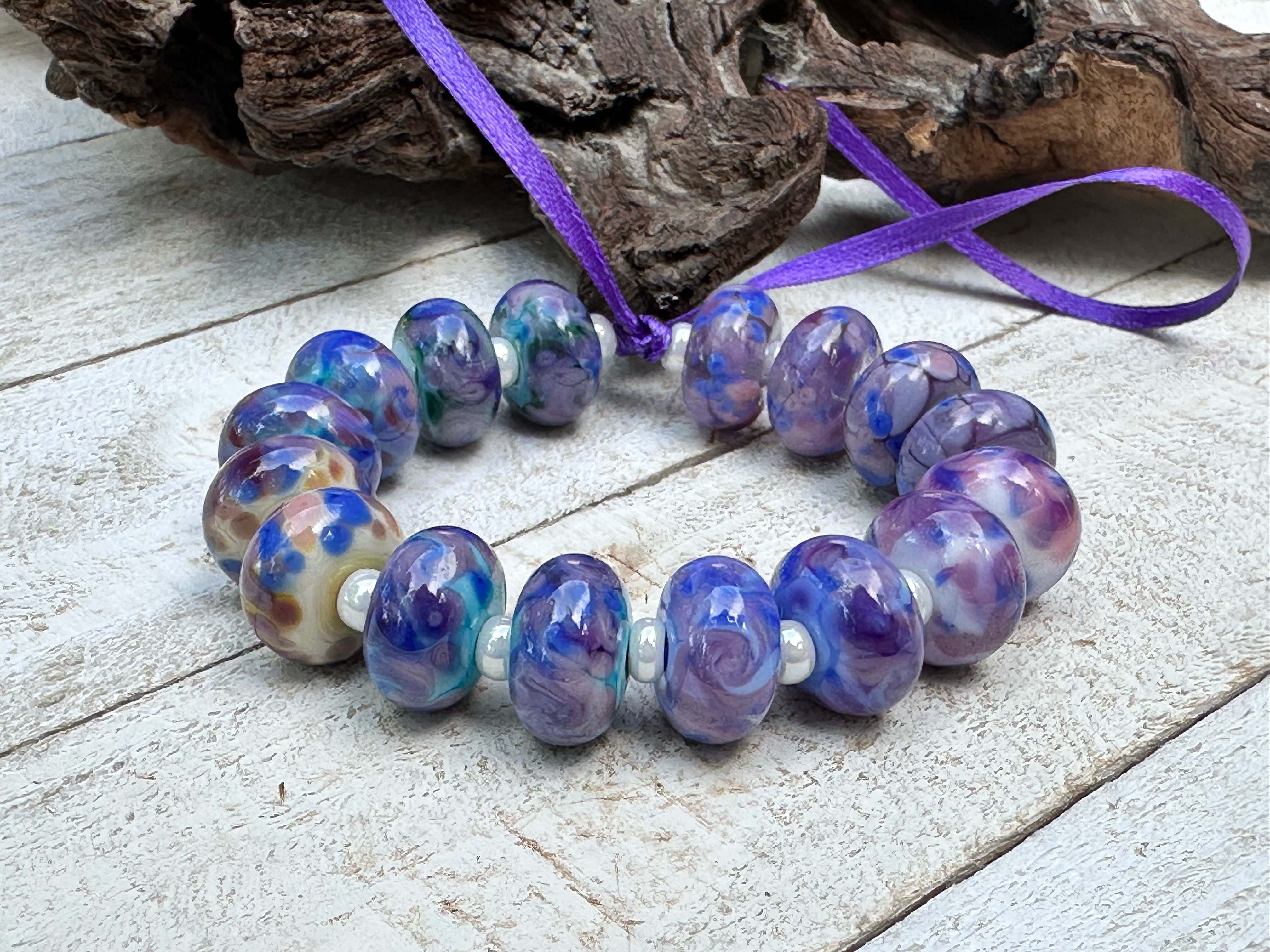 16 Blue Purple Mosaic Glass Lampwork Beads Set for Jewelry Making - DIY Bracelet, Necklace & Craft Projects - Handmade Artisan Beads for Boho Style Accessories