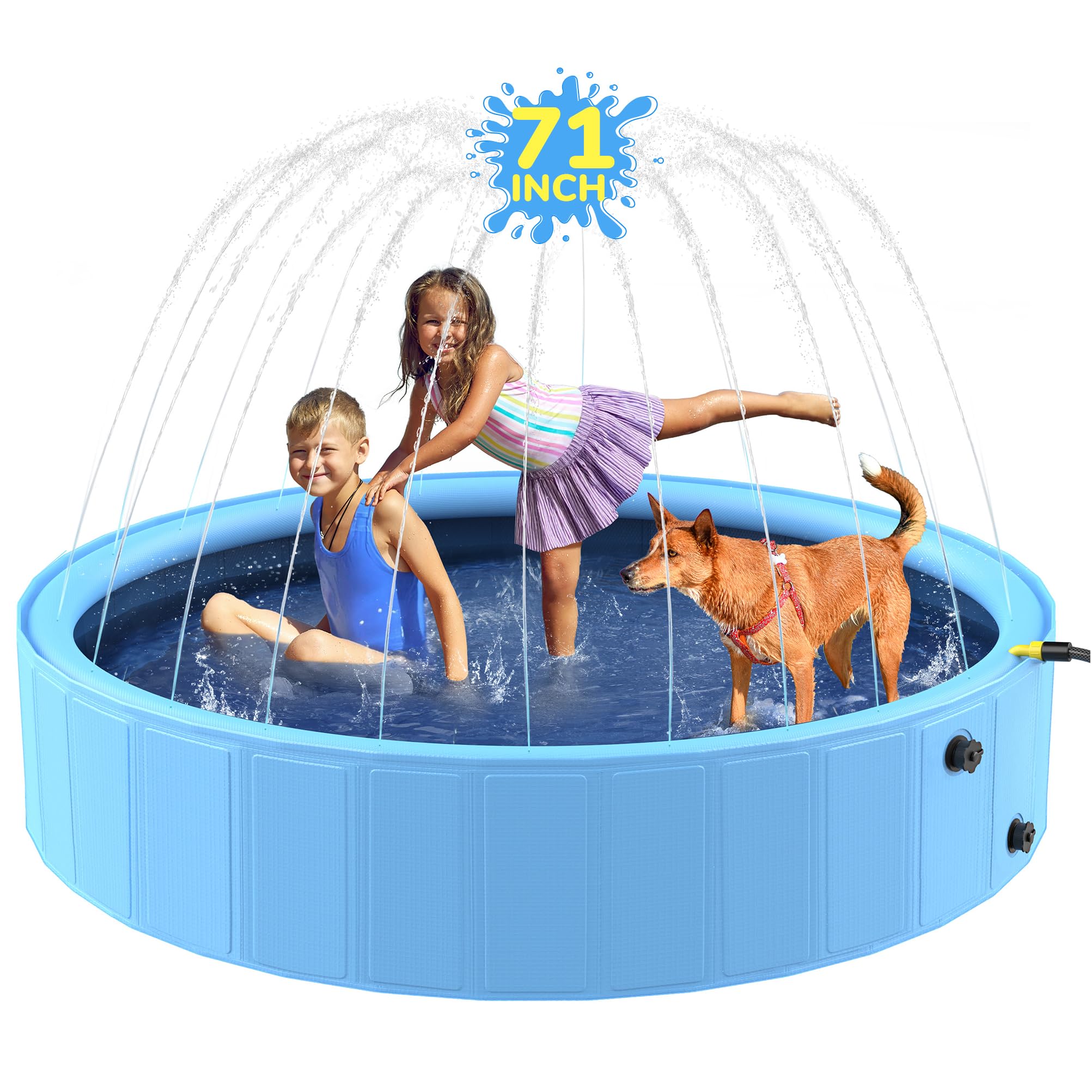 71'' Foldable Dog Pool for Large Dogs - Non-Slip Kids Swimming Pool with Sprinkler | Heavy Duty Hard Plastic Kiddie Splash Pad for Backyard Fun (Blue) | Perfect for Summer Playtime, Pet Bathing & Outdoor Water Activities