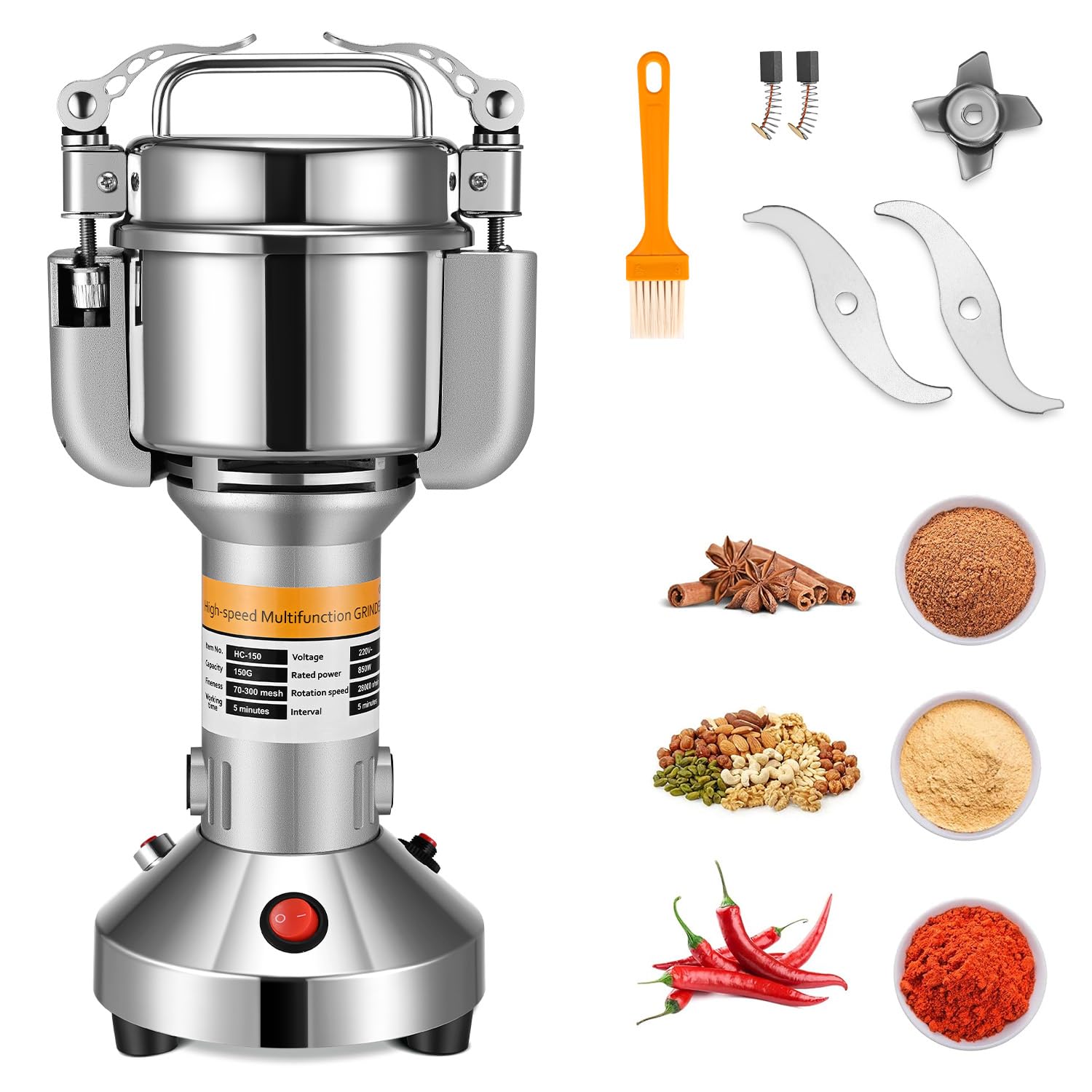 Electric Grain Grinder 150g Portable High-Speed Mill with 3 Stainless Steel Blades - 220V for Wheat, Dry Cereals, Herbs & Spices - Perfect for Home Baking, Coffee Grinding & Healthy Cooking