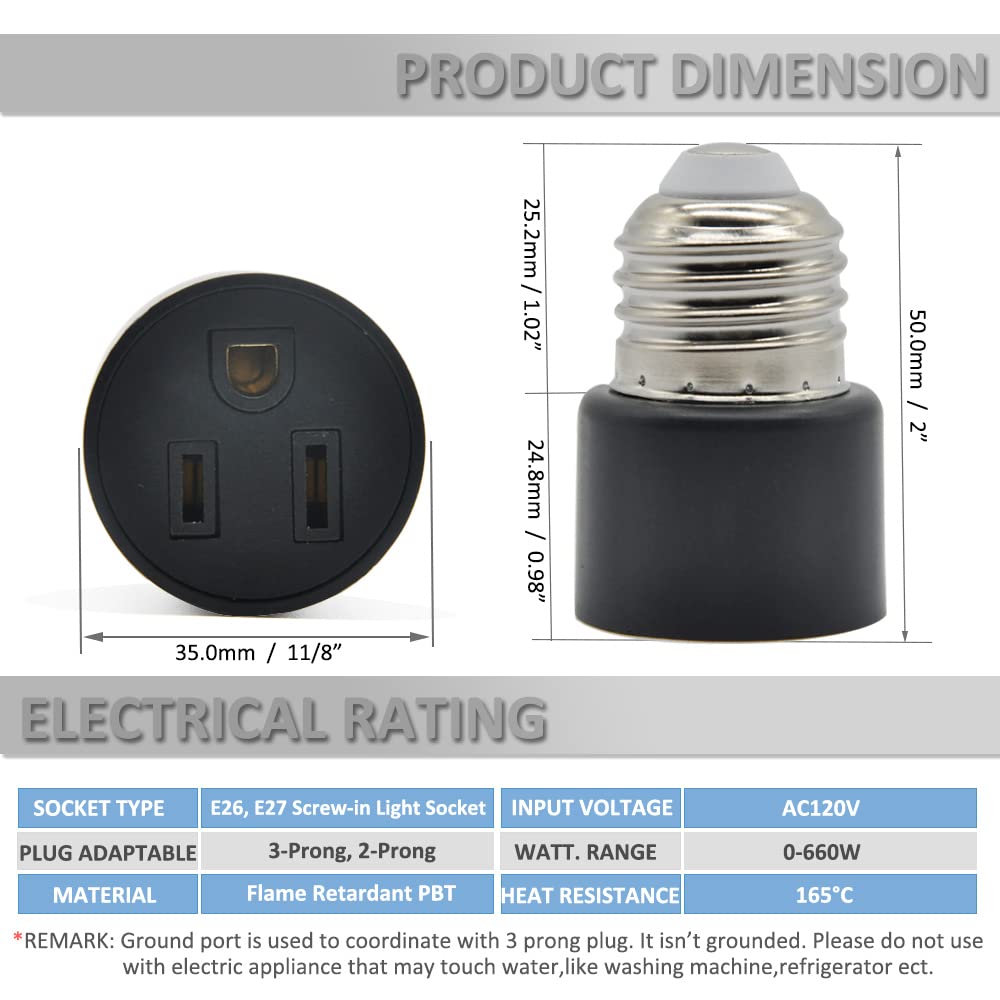 3 Prong Outlet Light Socket Adapter - E26 to Outlet Converter, Screw-in Light Bulb Socket Plug (Black) - Perfect for Porch Lights, Security Cameras, Garage Lighting & Holiday Light Strings