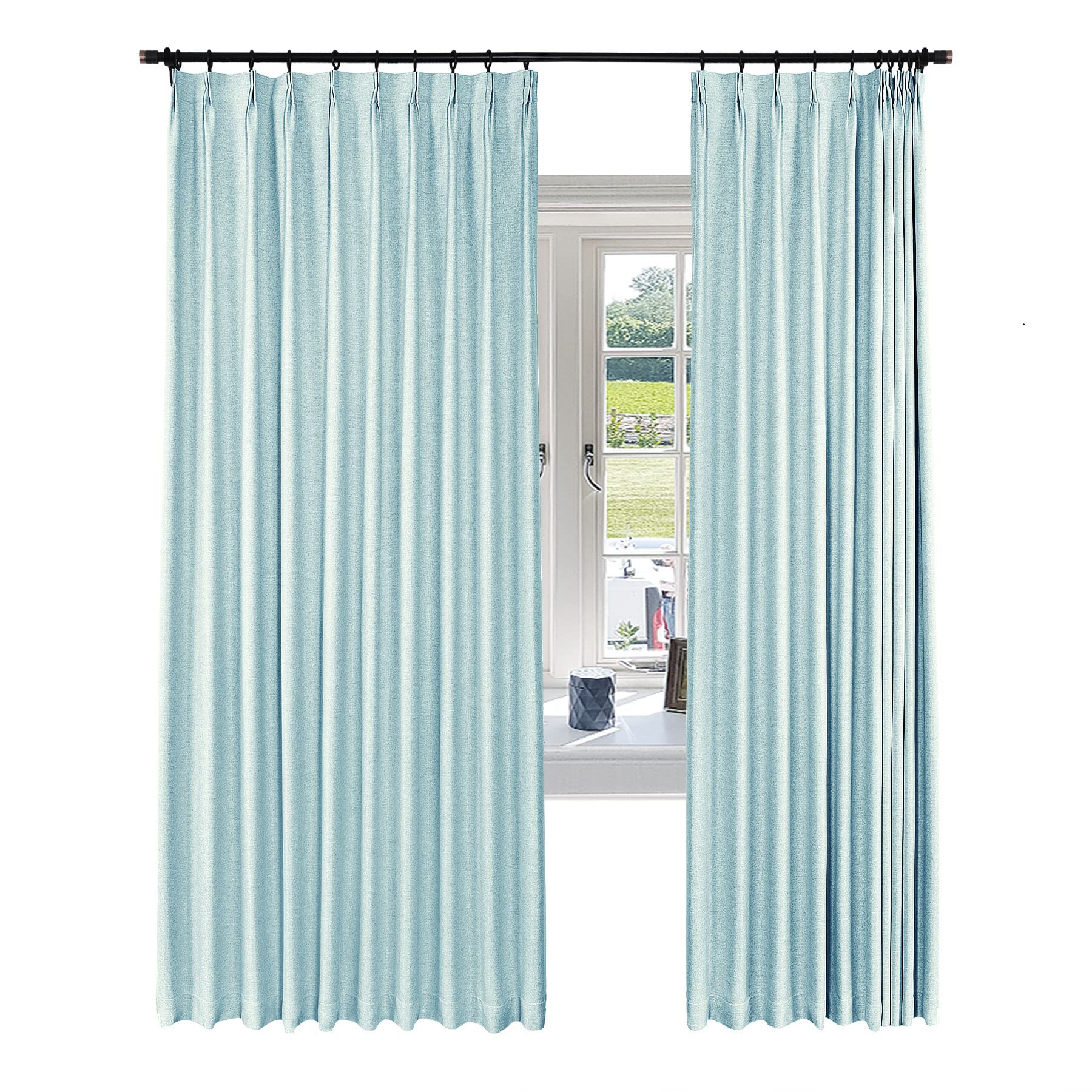 Fcosie Soft Blue Blackout Curtains 96 Inches Long - Pinch Pleated Linen Drapes for Energy Saving & Noise Reduction - Thermal Insulated Window Panels for Bedroom & Living Room Privacy (84