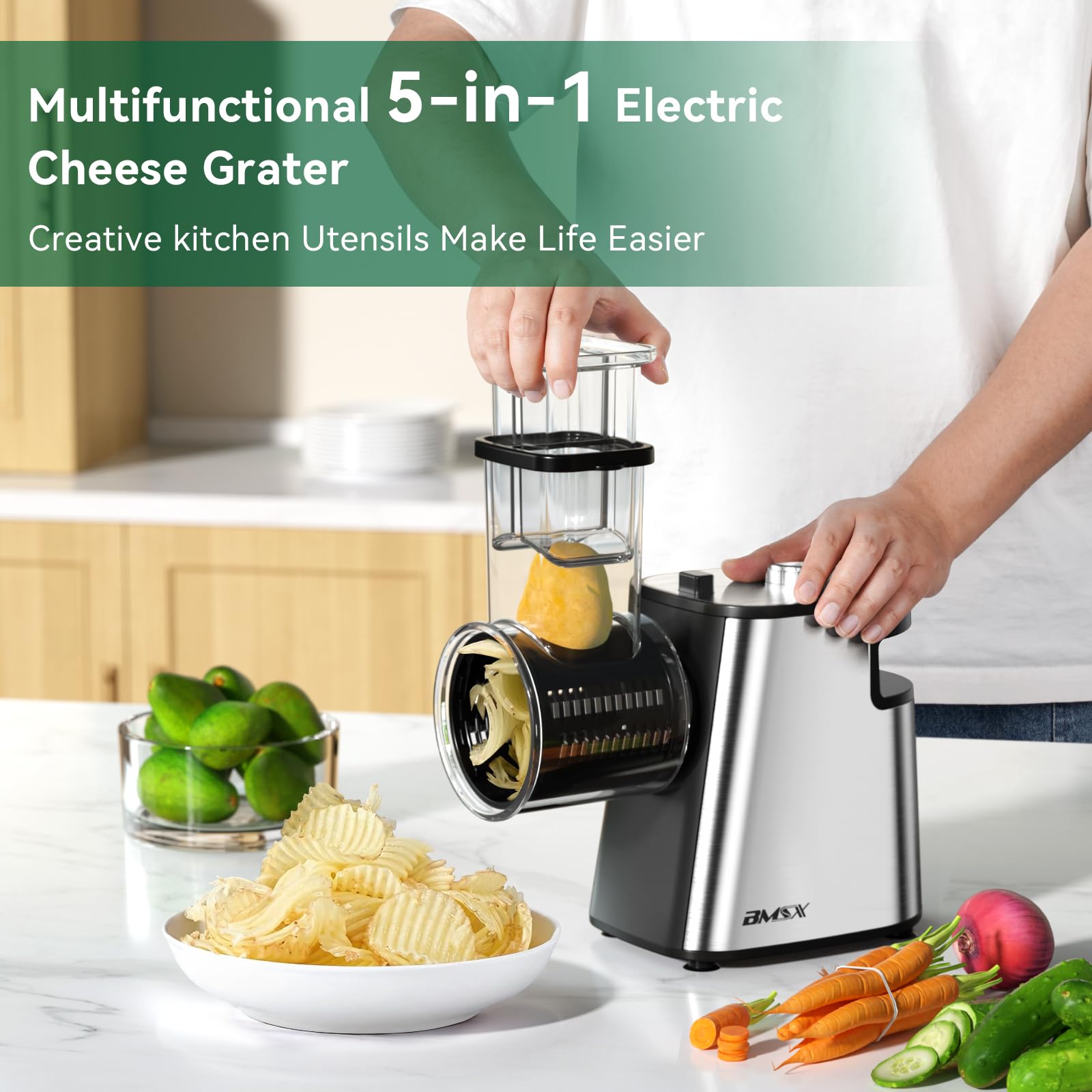 Upgraded 250W Electric Cheese Grater & Slicer - Automatic Shredder for Cheese, Fruits, Vegetables - 5 Blade Salad Maker - Perfect for Pizza Topping, Meal Prep & Healthy Cooking