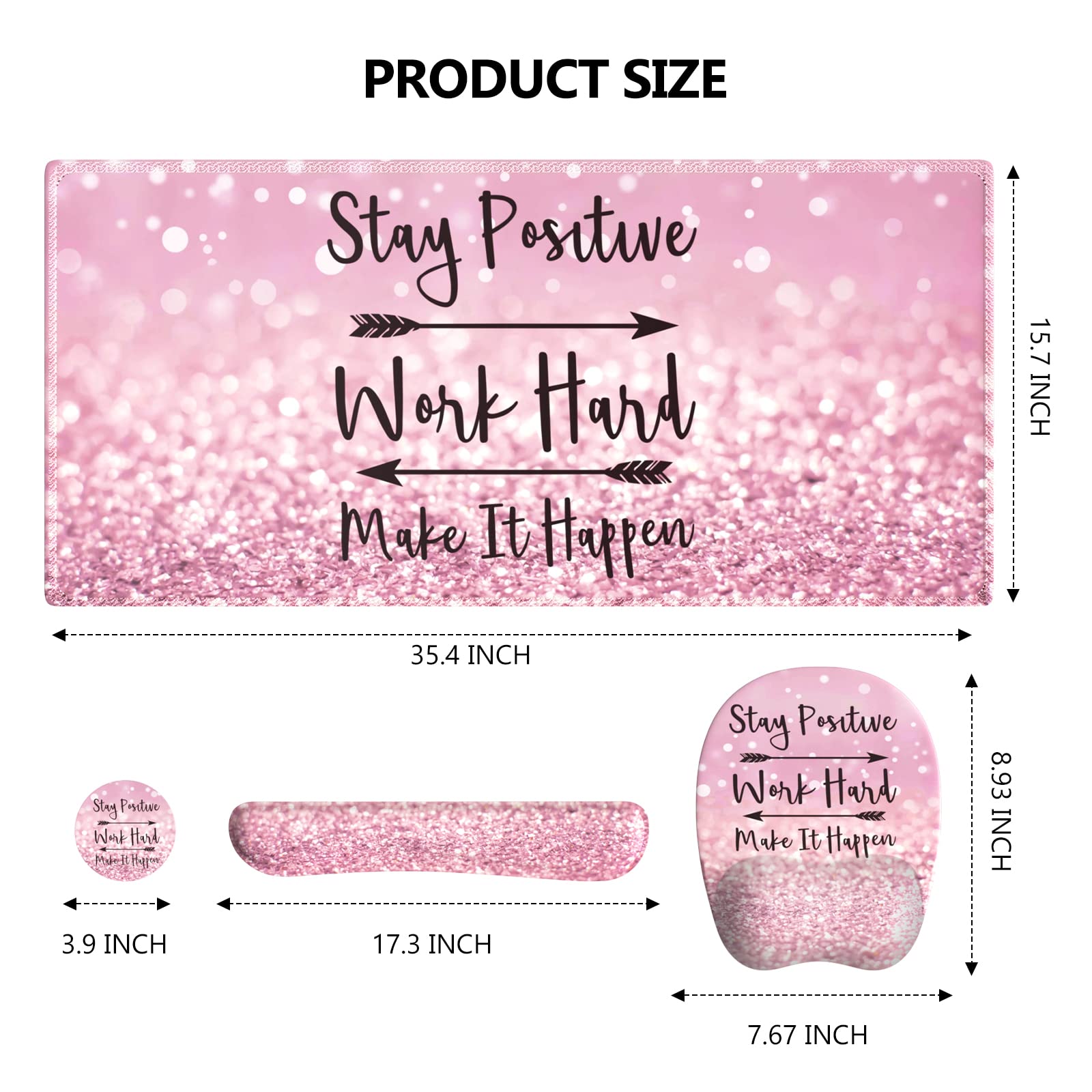 Ergonomic Pink Mouse Pad with Wrist Support - Non-Slip Rose Gold Keyboard Wrist Rest & Desk Mat, Stitched Edges for Durability (Stay Positive Design) - Perfect for Office, Gaming, and Home Workspace Comfort