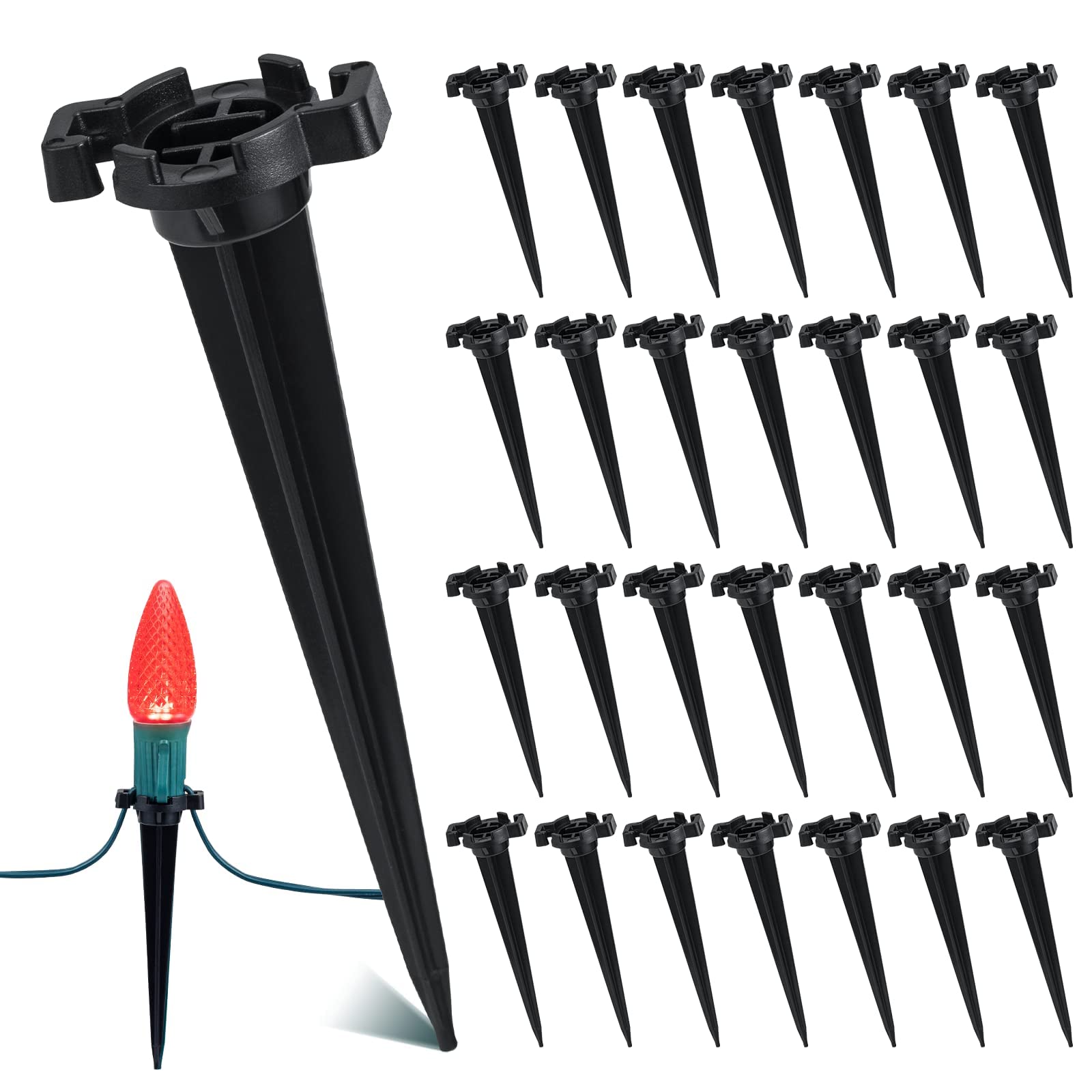 100-Pack 4.5 Inch Black Plastic Christmas Light Stakes for C7 & C9 Bulbs - Heavy Duty Outdoor Holiday Light Holders for Lawn, Garden, Patio, Pathway & Walkway Decorations - Perfect for Christmas, Halloween & Year-Round Landscape Lighting