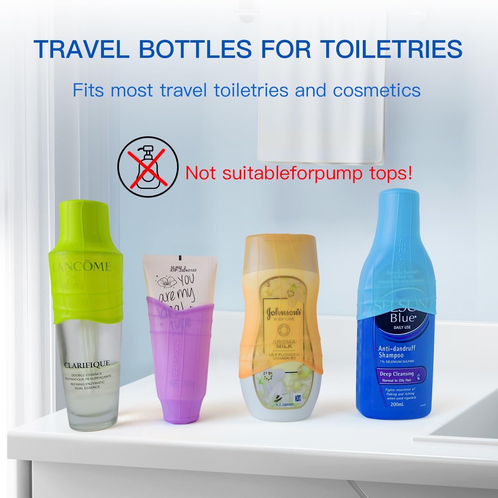 8 Pack Silicone Leak Proof Toiletry Sleeves - Reusable Elastic Travel Bottle Covers for Shampoo, Lotion & Cosmetics | TSA Approved Leak-Proof Solution for Women's Travel Essentials | Perfect for Airplane, Gym & Vacation Toiletries