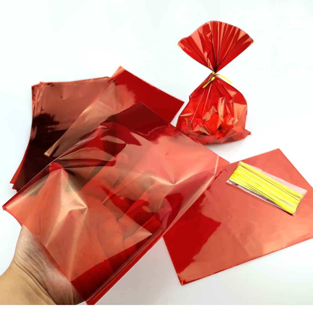 FAZHBARY 100 PCS 6x9 Inch Red Cellophane Gift Bags - Candy Cookie Wrapping Supplies, Party Favors, Wedding Treat Bags, Holiday Goodie Bags for Christmas, Halloween, Birthday Celebrations
