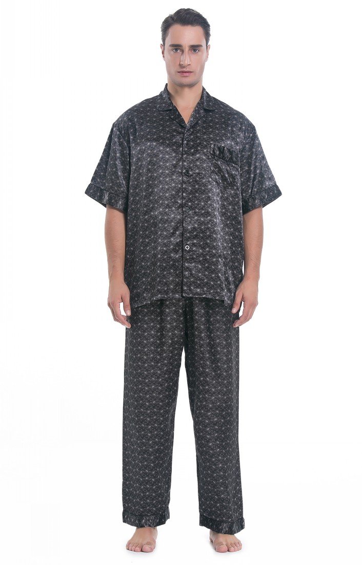 Lavenderi Men's Short Sleeve Silk Satin Pajama Set - Soft & Breathable Sleepwear for Lounge & Relaxation at Home - Perfect for Summer Nights & Gift Giving