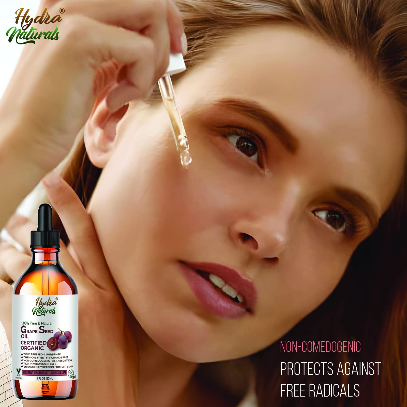 Hydra Naturals 100% Pure Cold Pressed Grapeseed Oil for Skin, Hair & Massage - Unrefined Hexane-Free Non-GMO Carrier Oil - Lightweight Moisturizer & Essential Oil Blend Base - Perfect for DIY Beauty, Aromatherapy & Spa Treatments (120ml)
