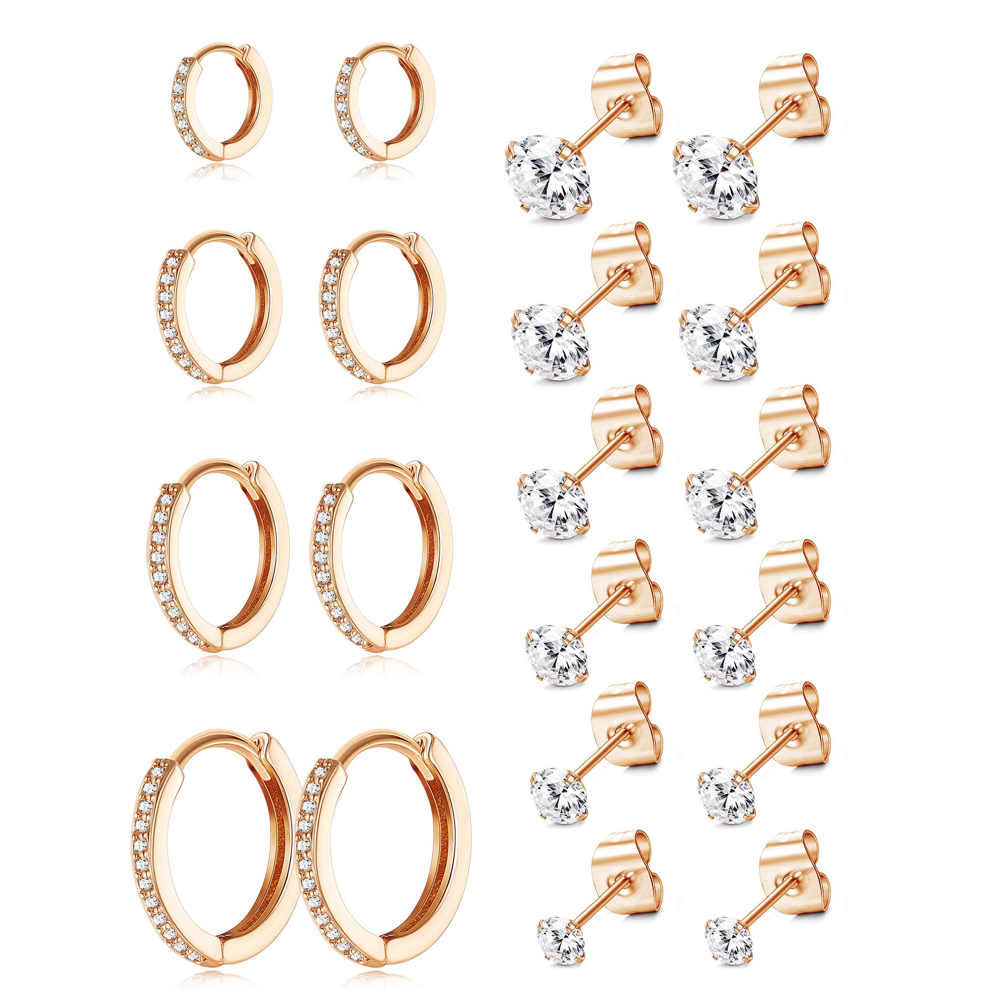 HANPABUM 10 Pairs Stainless Steel Stud Earrings for Women - Small Hoop Earrings Set, Tiny Cartilage Earrings with Cubic Zirconia, Mini Huggie Hoops for Everyday Wear & Gift Giving