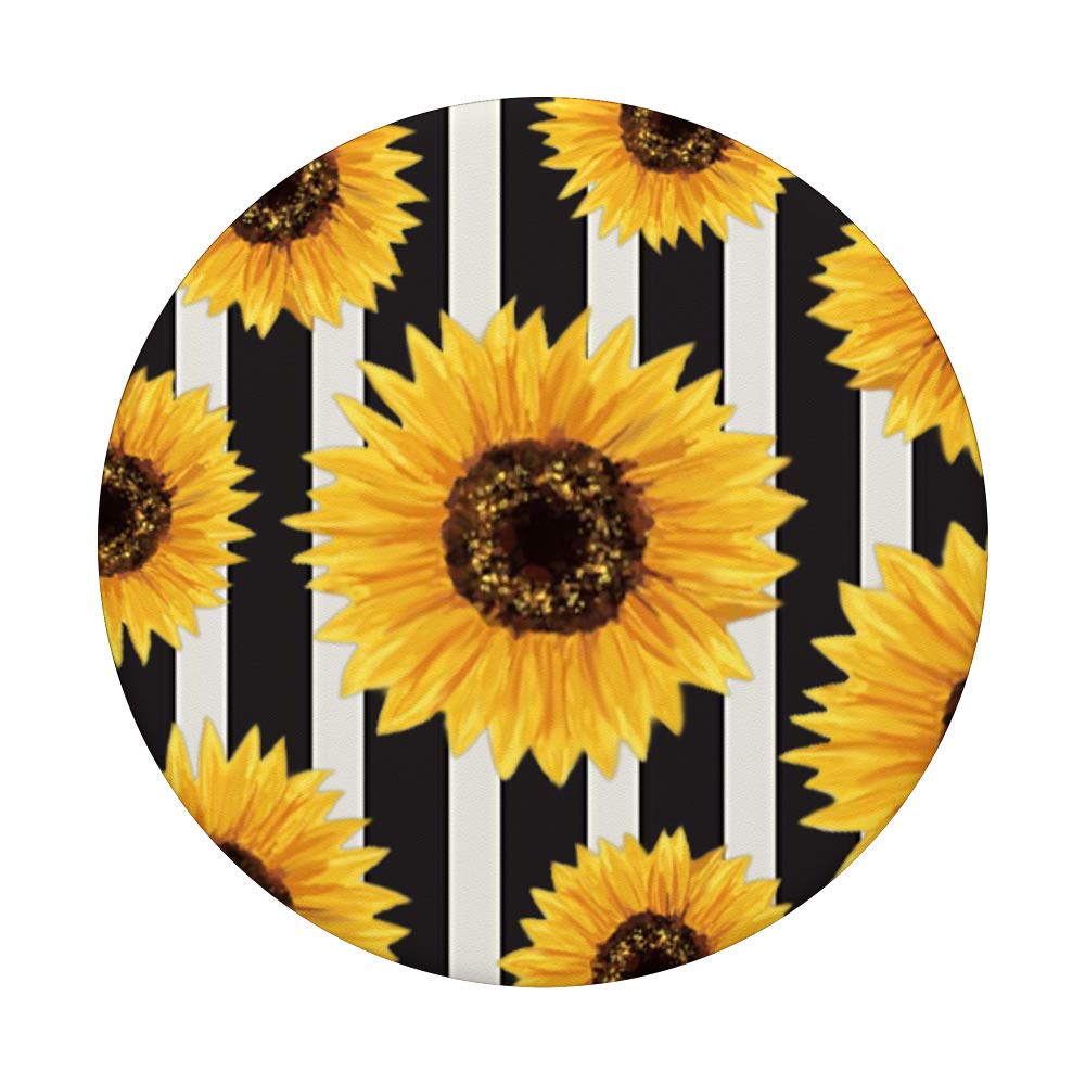 Sunflower Stripes Floral Print Black Cream PopSockets PopGrip - Swappable Phone & Tablet Grip for Enhanced Comfort and Style, Perfect for Everyday Use and Travel