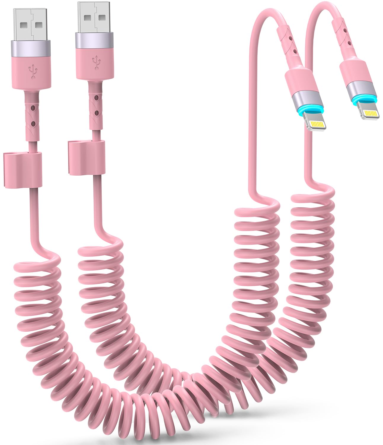 2-Pack Pink Coiled iPhone Charger 3FT - MFi Certified USB to Lightning Cable for Apple CarPlay, Cute Short Charging Cord - Perfect for Car, Home & Travel Accessories (Pink)