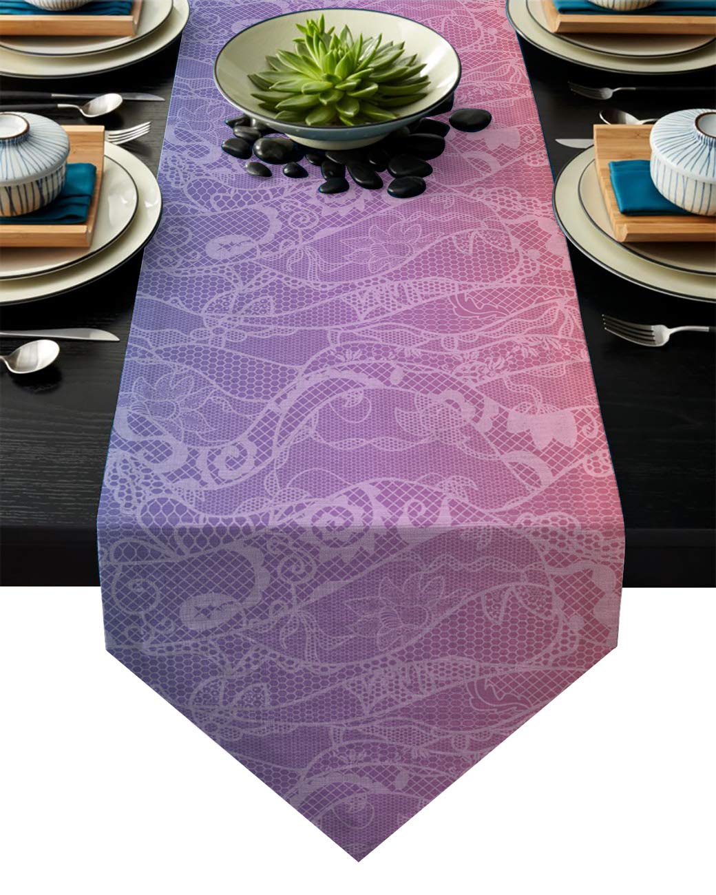 Artistic Gradient Table Runner - Orange Purple Teal Lace Floral Pattern Dining Table Decor (16x72 inches) for Wedding, Party & Home Decor - Elegant Dresser Scarf for Conference & Special Occasions