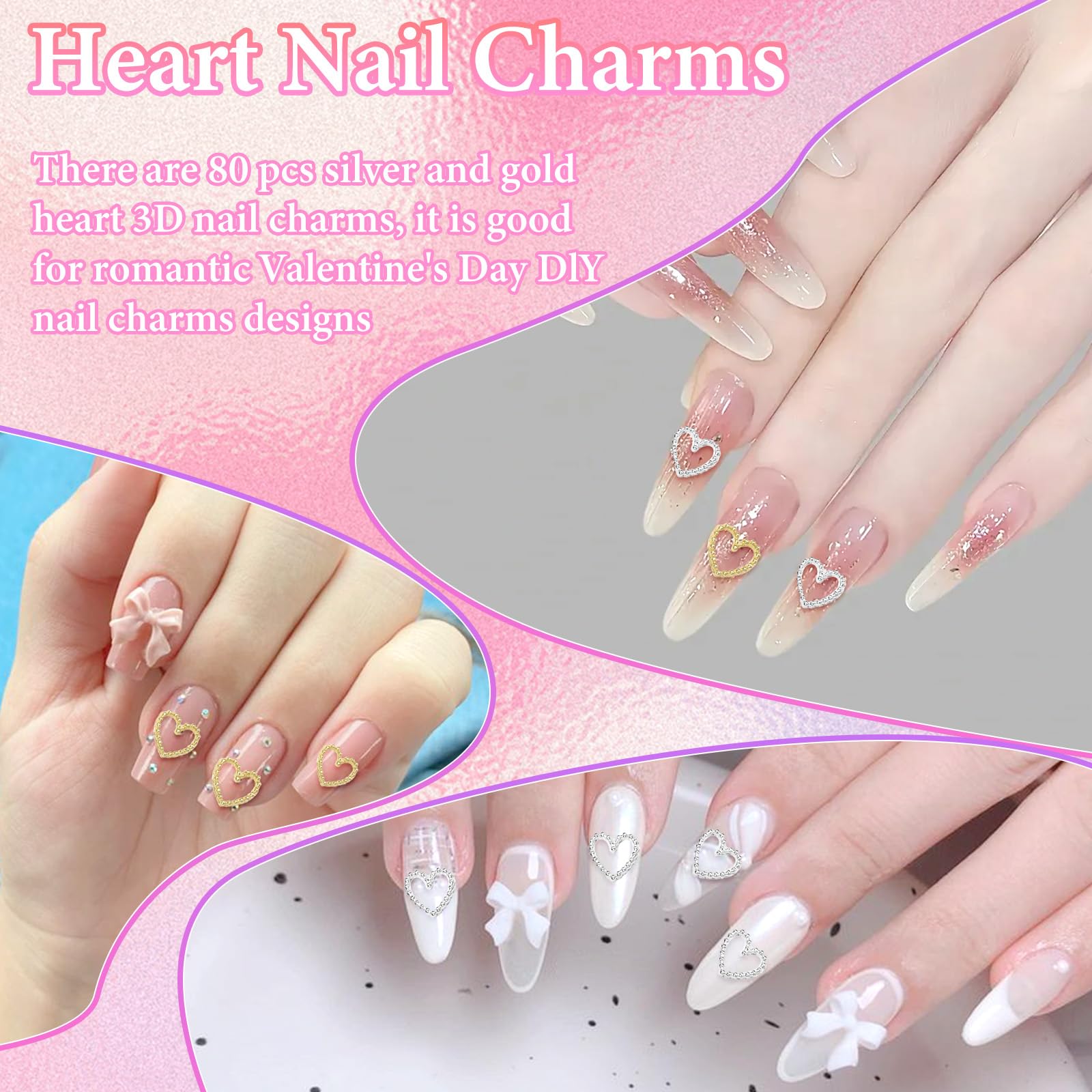 80Pcs Gold & Silver Heart Nail Art Charms - Romantic 3D Alloy Heart Nail Decorations for Women | DIY Nail Art Designs, Wedding & Valentine's Day Nail Accessories