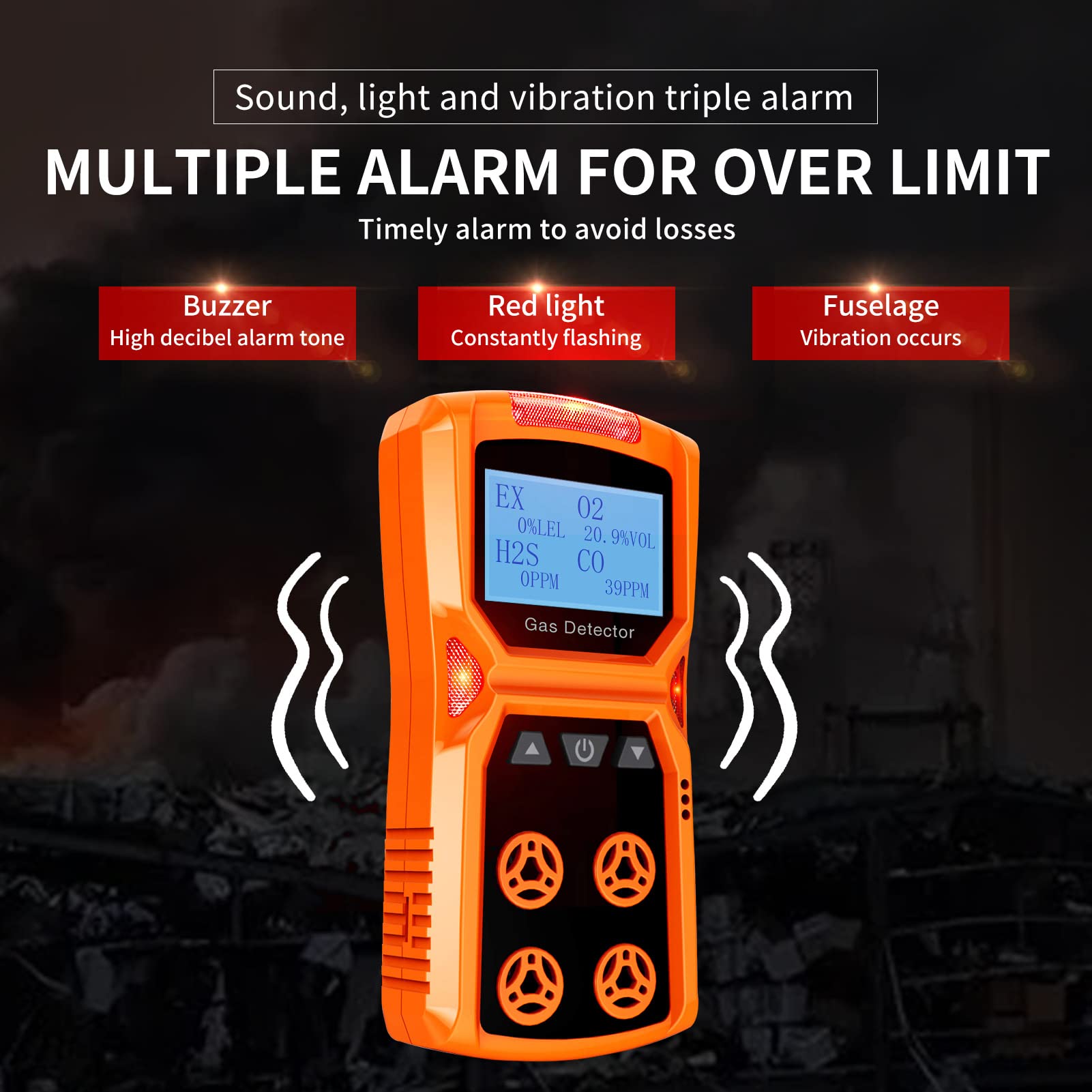 CHNADKS 4-in-1 Portable Gas Detector - H2S, O2, CO & LEL Monitor with Vibration, Audible & Visual Alarms | Rechargeable LCD Gas Sniffer for Industrial Safety, Confined Space & Home Use