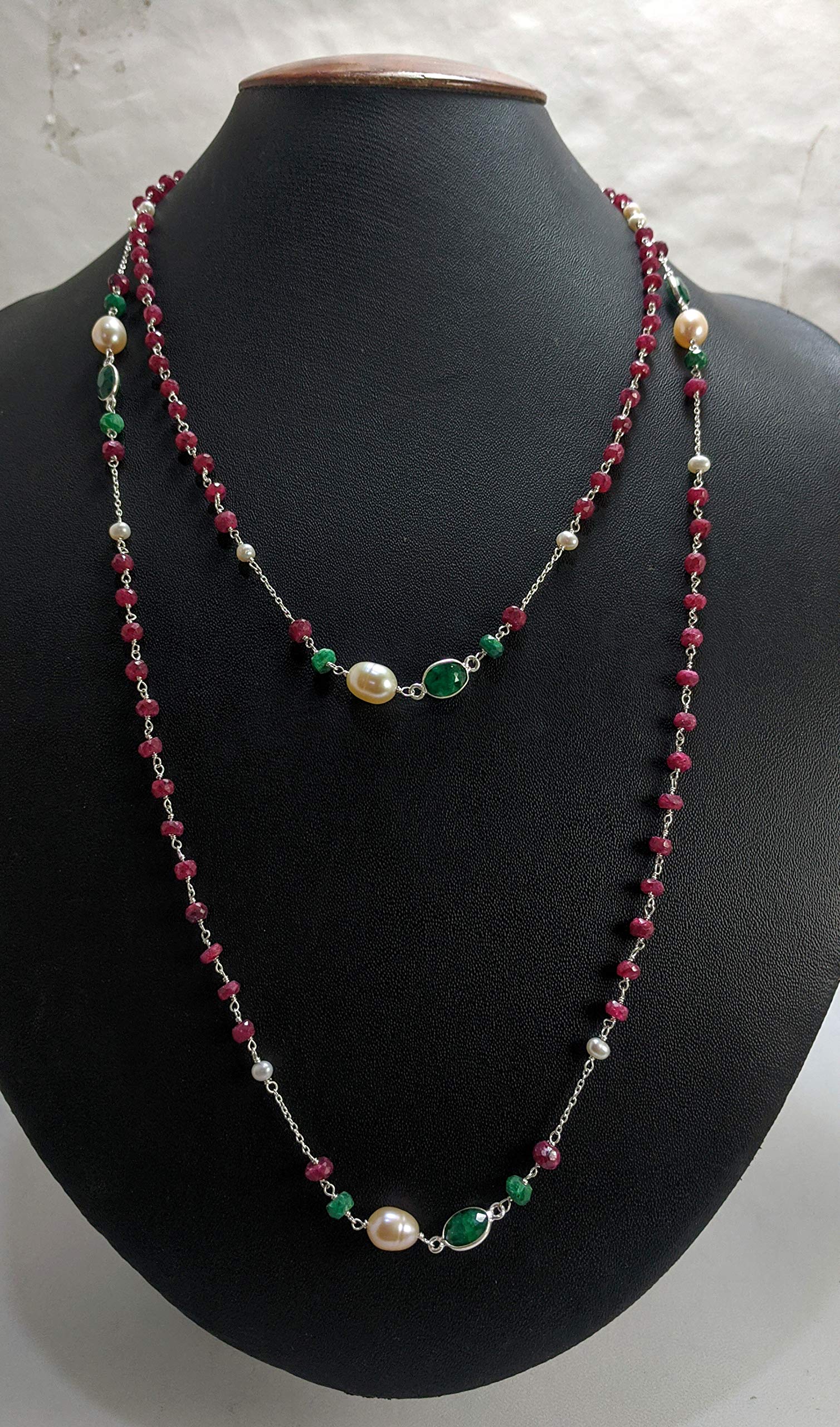 Natural Green Sapphire Pearl Ruby Necklace - 925 Sterling Silver Beaded Chain for Elegant Occasions