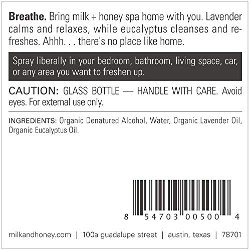milk + honey Home Fragrance No. 08 - Lavender & Eucalyptus Essential Oil Aromatherapy Spray | Calming & Relaxing Room Air Freshener | 4 Oz | Perfect for Bedroom, Bathroom & Office Stress Relief