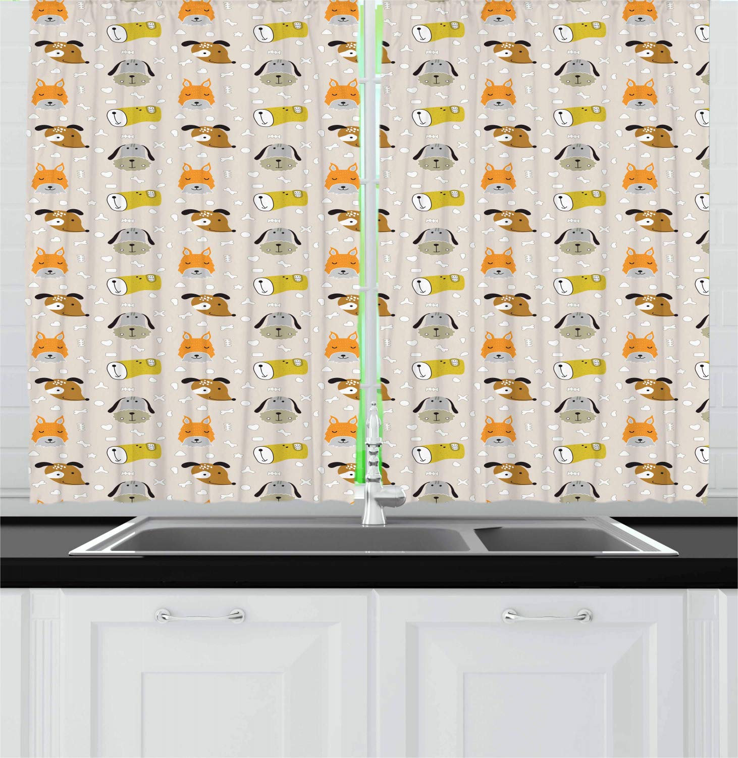 Ambesonne Cartoon Dog Kitchen Curtains - Colorful Dog Faces on Bones Print Window Drapes, 2 Panel Set for Kitchen & Cafe Decor, 55 x 39 Inches, Multicolor - Perfect for Pet Lovers' Homes & Dog-Themed Cafés