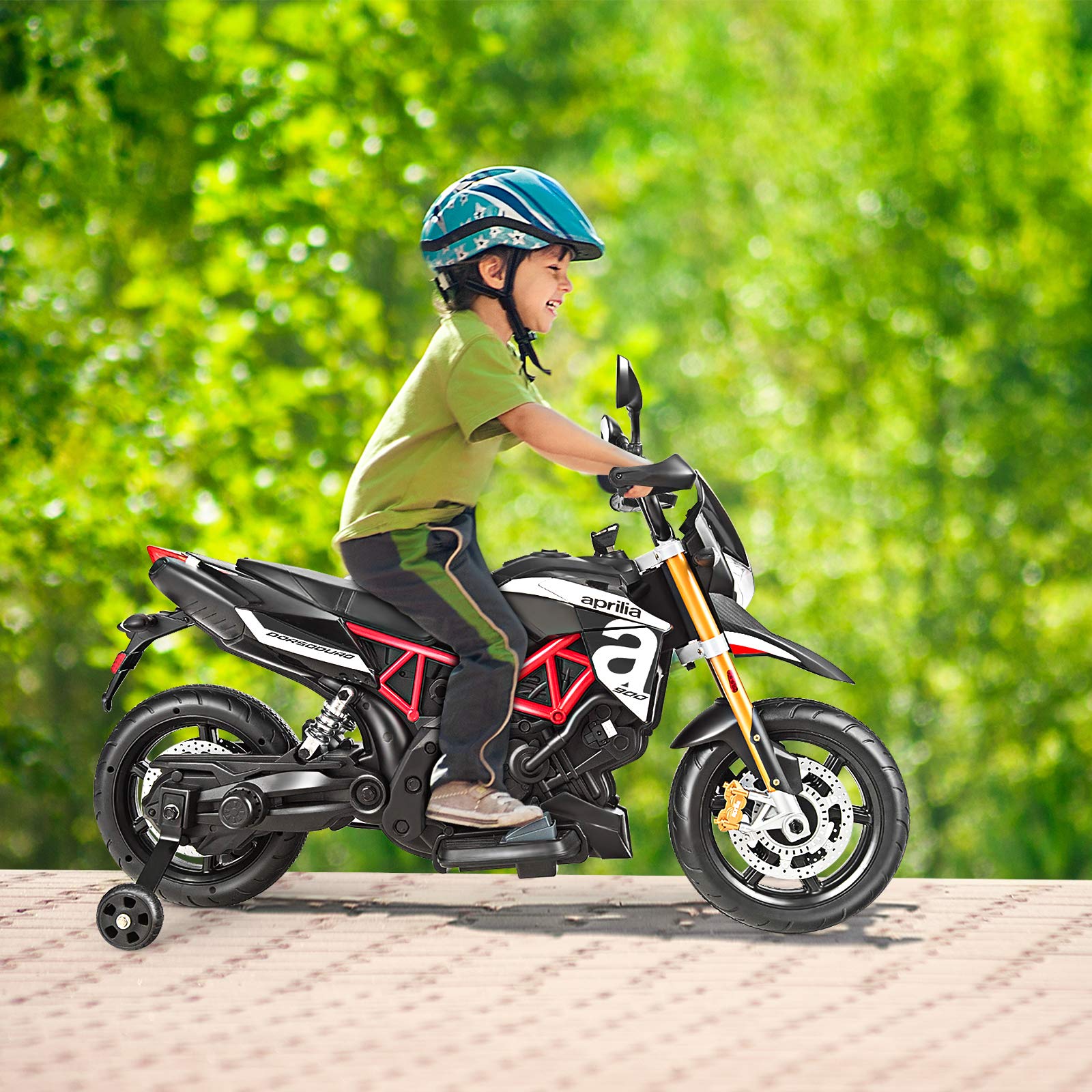 Aprilia Licensed 12V Kids Electric Motorcycle Ride-On Toy with Training Wheels, Spring Suspension, LED Lights & Sounds - Battery Powered Dirt Bike for Boys & Girls (Black) | Perfect for Outdoor Play, Birthday Gifts & Backyard Adventures
