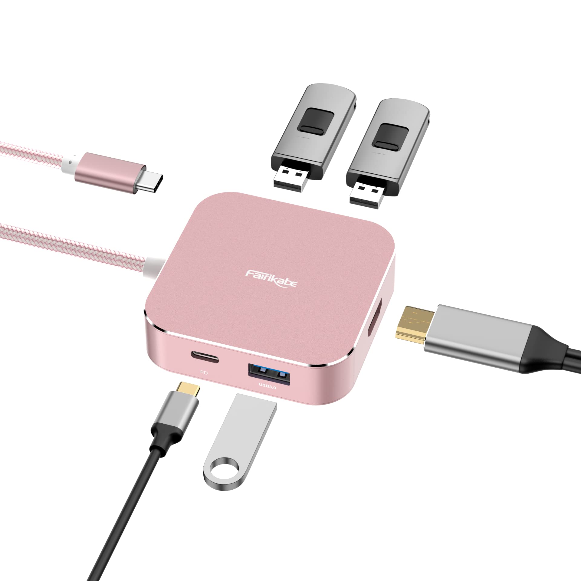 Fairikabe 5-in-1 USB C to HDMI Multiport Adapter with 4K HDMI, Power Delivery, 3 USB 3.0 Ports & 1.5FT Cable - Compatible with MacBook Air/Pro & USB-C DP Alt Mode Devices - Perfect for Home Office, Video Conferencing & Multi-Screen Setups