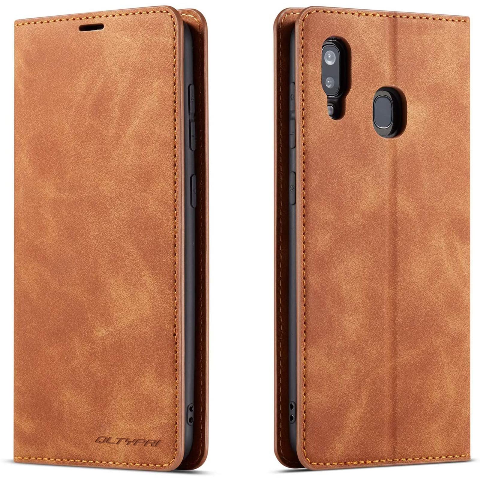 Premium PU Leather Flip Wallet Case for Samsung Galaxy A40 - Shockproof TPU Bumper with Card Holder & Kickstand | Hidden Magnetic Adsorption | Brown | Perfect for Work, Travel & Daily Protection