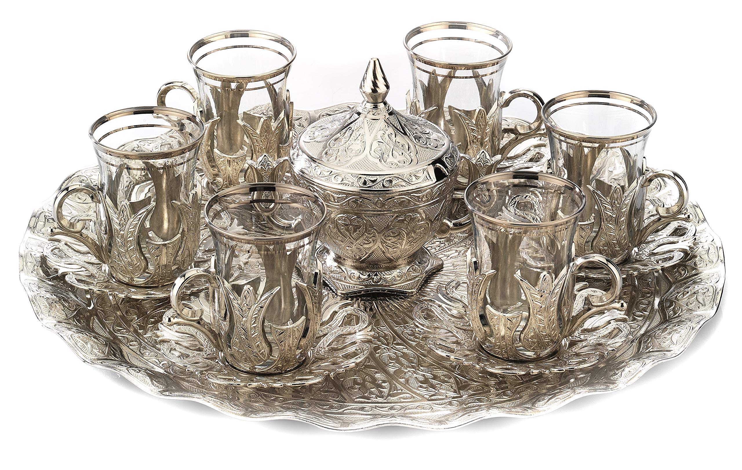 Premium 21-Piece Turkish Tea Set - Gold & Silver Plated Tea Glasses with Tray & Lidded Sugar Bowl - Authentic Handcrafted in Turkey - Elegant Gift Box - Perfect for Afternoon Tea, Home Decor & Special Occasions