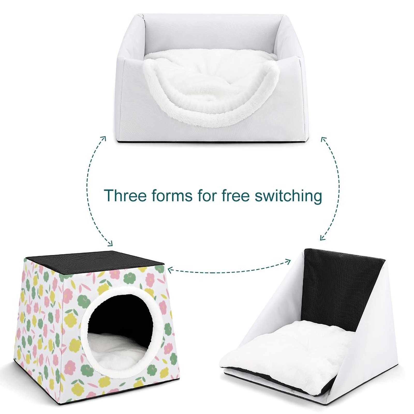3-in-1 Foldable Cat House with Removable Cushion - Convertible Cat Bed, Sofa & Scratching Toy for Indoor Cats (Green Pink Floral Design) - Perfect for Small Spaces, Apartments & Cozy Pet Napping Areas