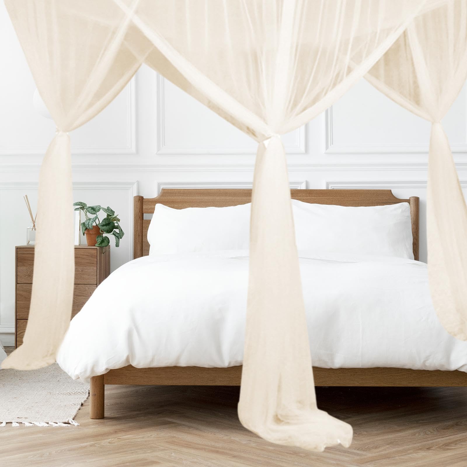 BESGA 4 Corner Post Bed Canopy Net - Elegant Hanging Bed Tent for Kids & Adults - Beige Bed Curtains for Girls' Rooms & Home Decor - Perfect for Nursery, Bedroom & Sleepovers