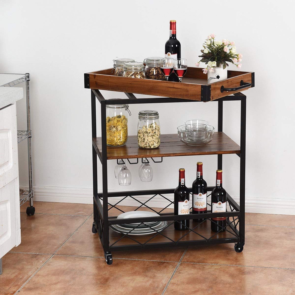 3-Tier Rolling Utility Cart with Removable Trays - Sturdy Iron Storage Shelf for Home, Office, Kitchen, Bathroom & Garage - Rustic Design with Swivel Casters | Perfect for Organizing, Serving & Mobile Storage