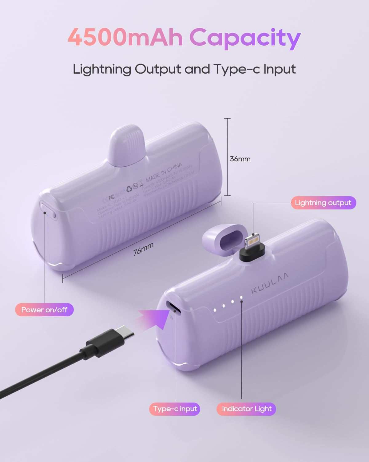 Kuulaa 4500mAh Mini Portable Charger - Compact Power Bank for iPhone 14/13/12/11/XS/XR & AirPods - Cute Purple Battery Pack for Travel, Outdoor & Emergency Charging