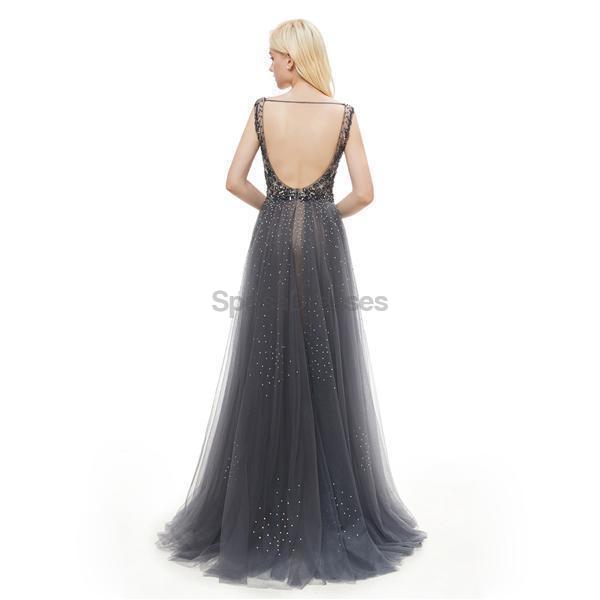 Elegant Grey V-Neck Open Back Beaded A-Line Evening Prom Dress for Women - Perfect for Formal Parties, Homecoming, and Special Occasions