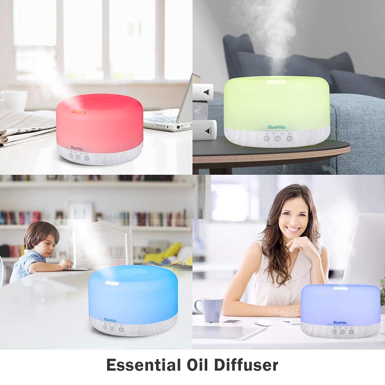 BlueHills Premium Large Essential Oil Diffuser Set - 3 Sizes (2000ML, 1000ML, 600ML) Aromatherapy Humidifier with High Mist Output, White Wood Grain Design - Perfect for Large Living Rooms, Bedrooms, and Office Spaces