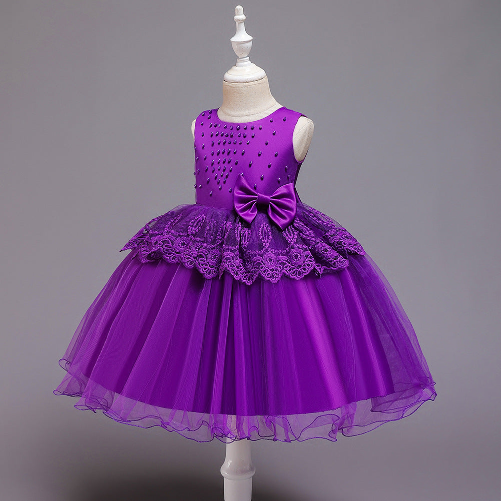 Elegant Princess Tea Length Flower Girl Dress - Satin & Lace with Decorative Bows | Perfect for Weddings, Birthday Parties & Special Occasions