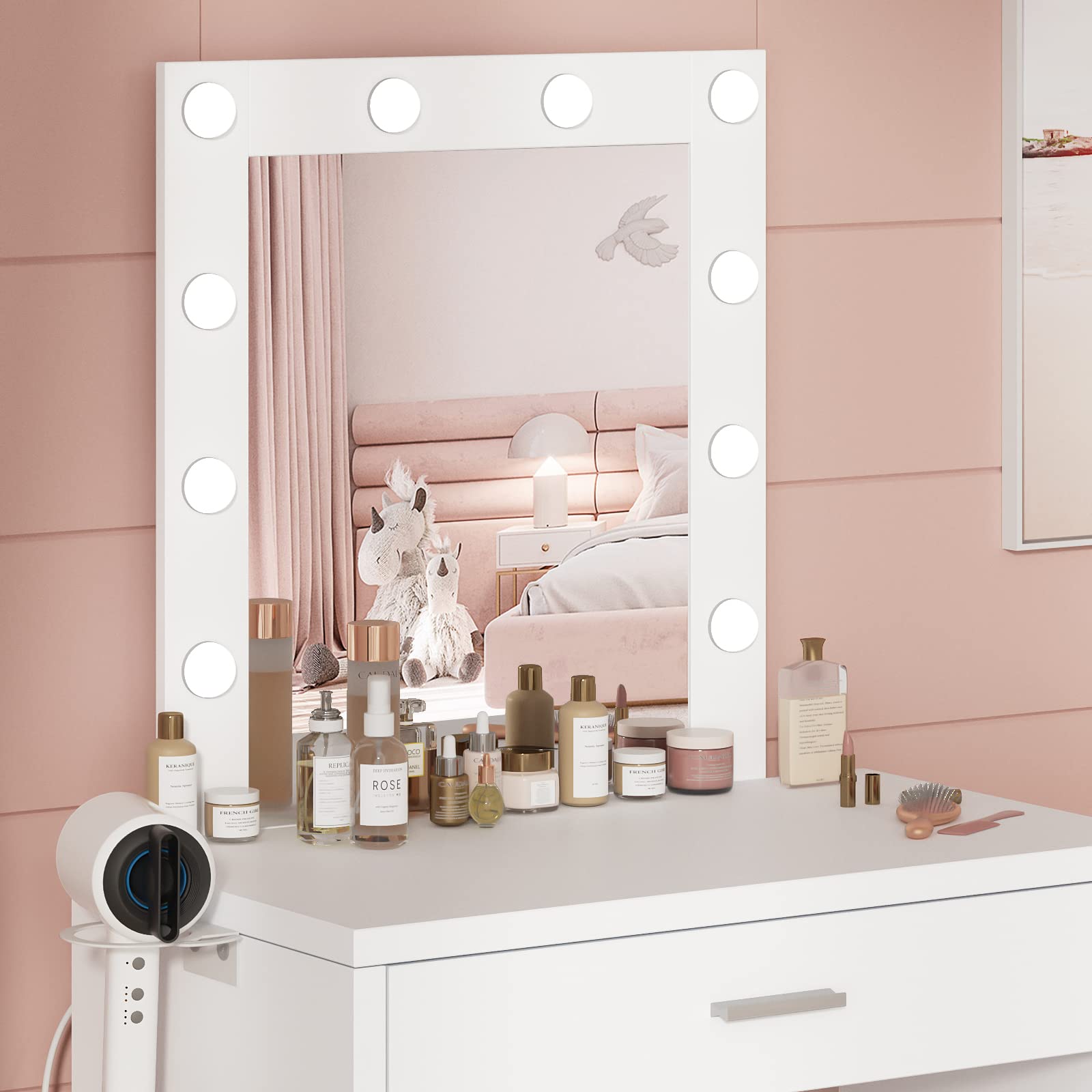 White Makeup Vanity Desk with LED Lights & Mirror - Adjustable Brightness Vanity Table & Chair Set for Girls' Bedroom | Perfect for Beauty Routine, Dressing Area & Small Space Decor