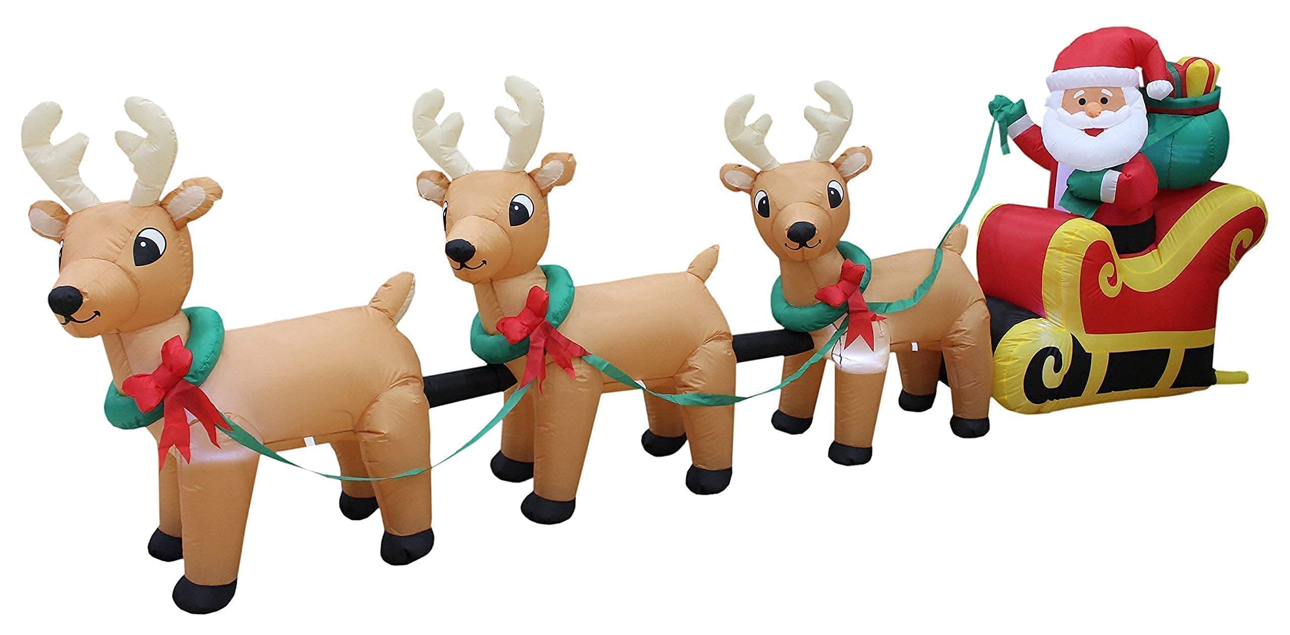 12ft Christmas Inflatable Santa Claus on Sleigh with 3 Reindeer & 8ft Inflatable 3 Penguins on Polar Bear - Outdoor Holiday Decorations Bundle for Xmas Yard, Party, and Home Decoration