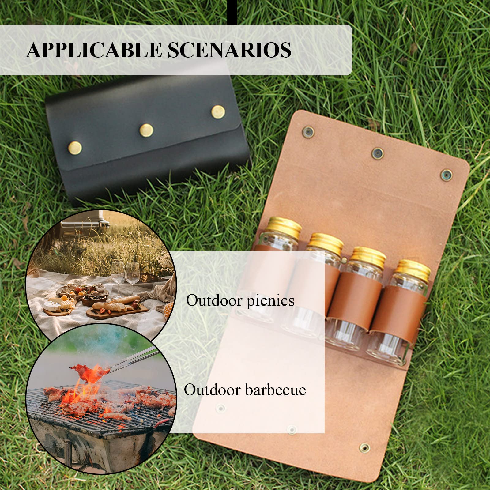 Portable Camping Spice Storage Bag with 4 Spice Jars - Waterproof PU Leather Seasoning Organizer for Travel, Hiking, BBQ & Outdoor Cooking | Compact Condiment Kit for Camping Essentials (Black)
