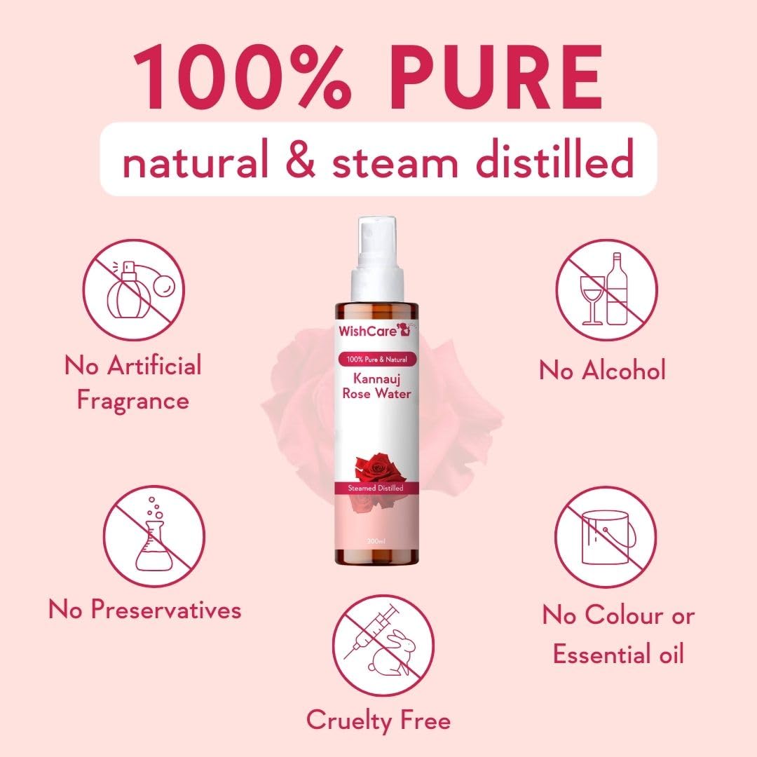 WishCare 100% Pure Natural Rose Water Spray - Steam Distilled Kannauj Gulab Jal for Face, Skin & Hair Care - Alcohol-Free, Paraben-Free Toner (200ml) - Perfect for Daily Hydration, Makeup Setting & After-Sun Soothing