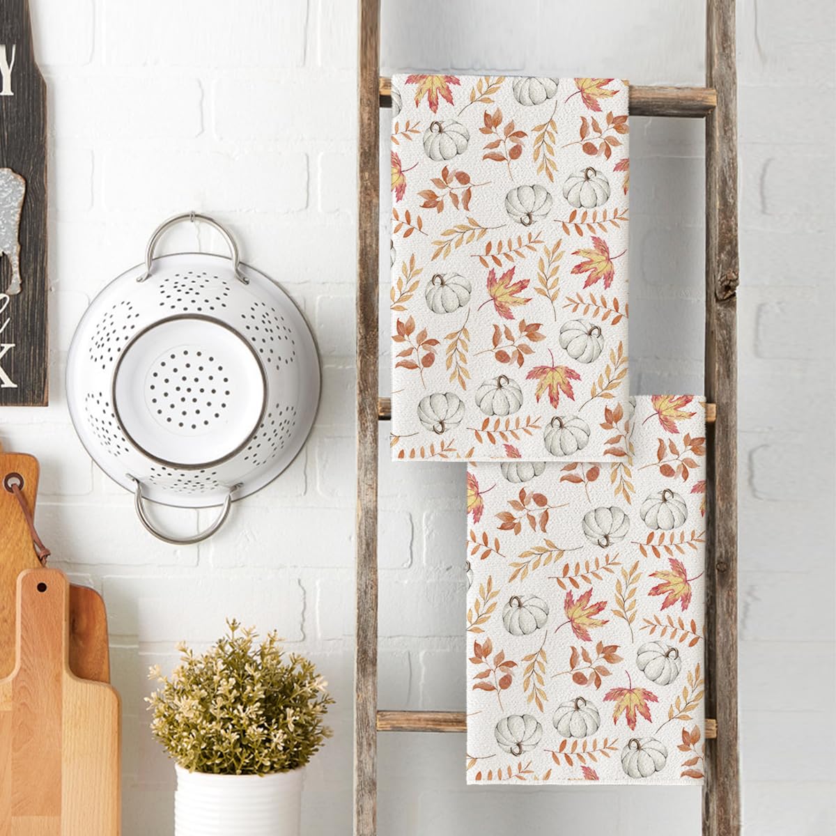Farmhouse Orange Leaves Pumpkin Fall Kitchen Towels - Set of 2 Absorbent 18x26 Inch Dish Towels for Autumn Decor & Thanksgiving Hostess Gifts | Perfect for Seasonal Table Setting, Cozy Farmhouse Kitchen & Holiday Home Decor