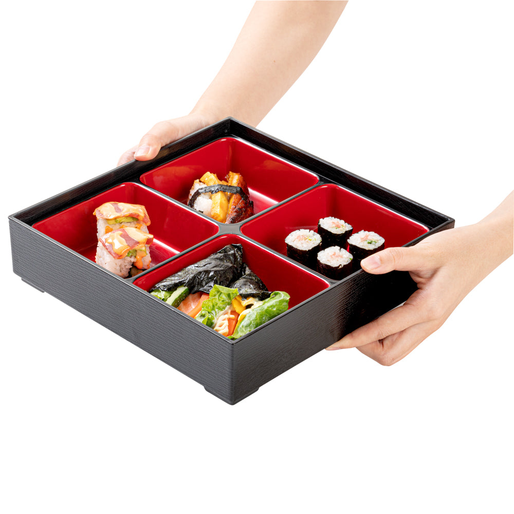 Premium Japanese Style Bento Box - 4 Compartment Square Lunch Box (10x10x2.25 Inches) - Black & Red Color - Perfect for Office, School & Picnic Meals