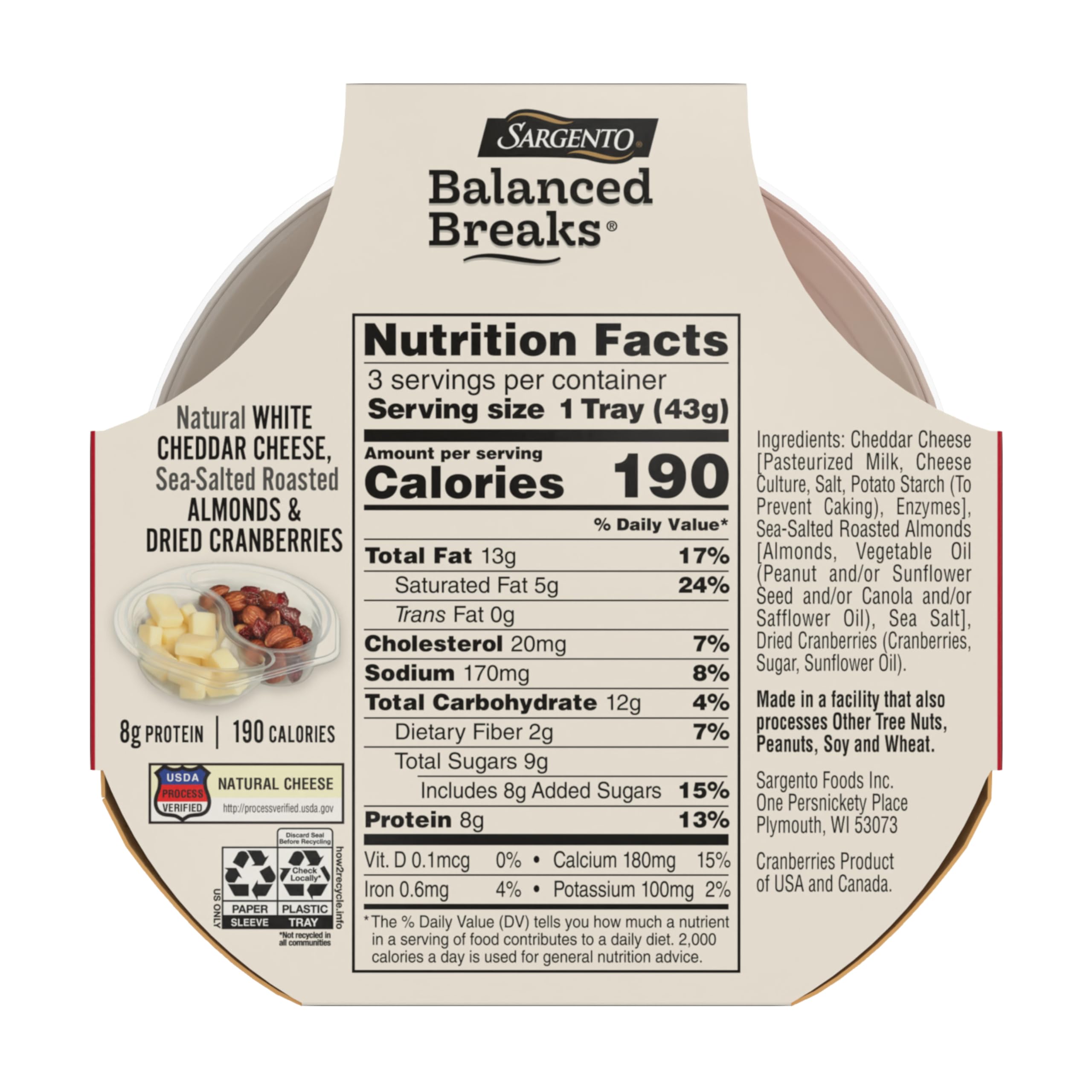 Sargento Balanced Breaks Snacks - Natural White Cheddar Cheese, Sea-Salted Roasted Almonds & Dried Cranberries (3-Pack) | Healthy On-The-Go Snack for Work, School & Travel