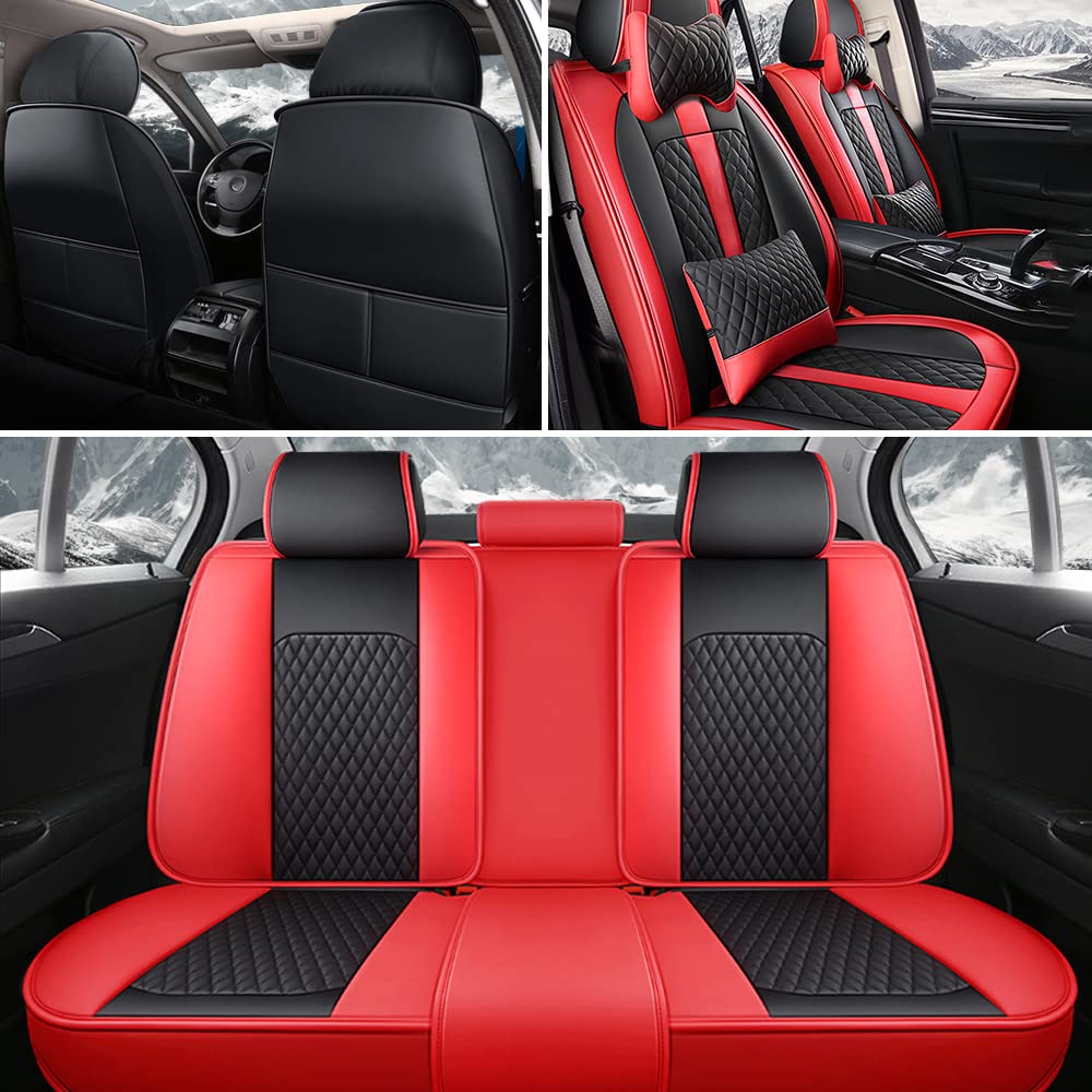 Premium Waterproof Leather Car Seat Covers for Ford F350 - Scratch Resistant, Non-Slip, Airbag Compatible Full Set (Black/Red) - Perfect for Truck Owners, Road Trips & Off-Road Adventures