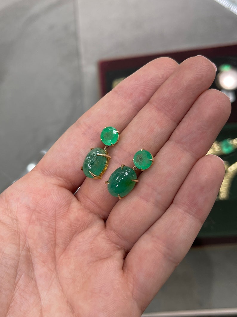 14K Yellow Gold Colombian Emerald Dangle Earrings - 16.82tcw Round & Oval Cut Statement Jewelry for Women | Perfect for Weddings, Parties & Special Occasions