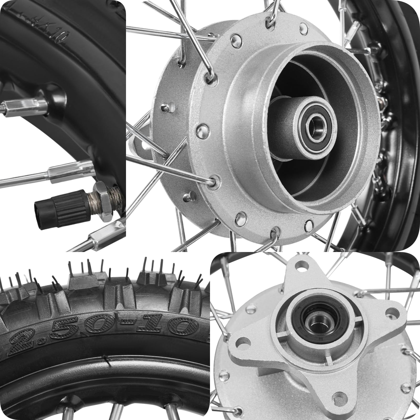 Honda CRF50 XR50 BBR KLX Dirt Bike Front & Rear Wheel Set - 2.50-10 Tire Rim with Drum Brake, Chain & Plate (16