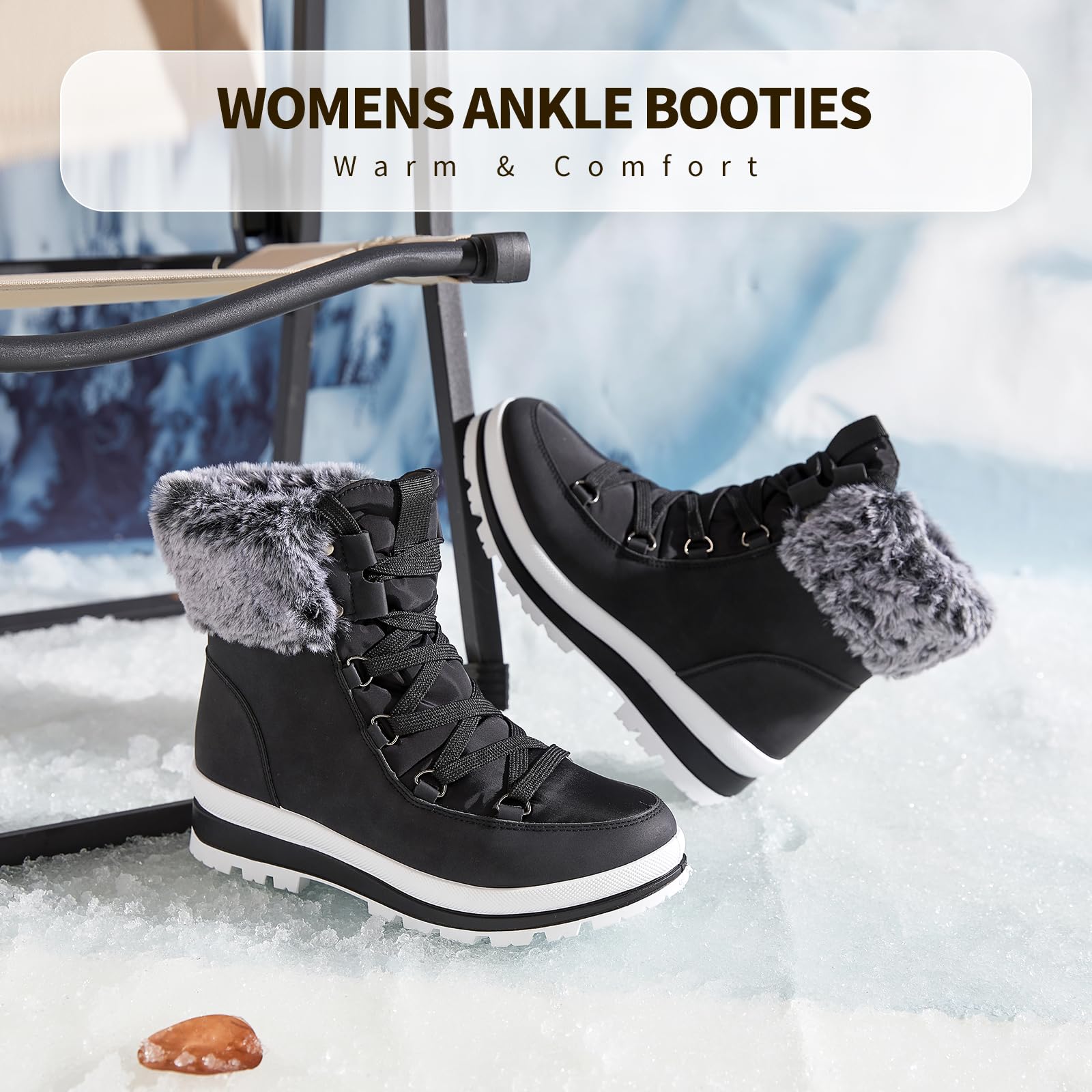 Women's Fuzzy Mid-Calf Snow Boots - Waterproof Winter Combat Boots with Non-Slip Sole & Zipper Closure (Black/White) | Perfect for Snowy Days, Outdoor Adventures & Casual Winter Fashion