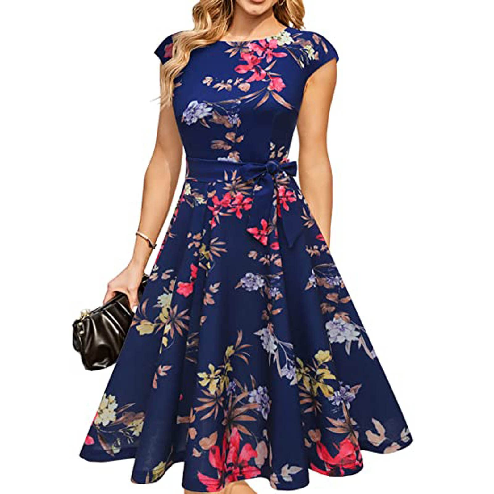Women's Vintage A-Line Midi Dress - Round Neck Swing Tea Dress for Summer, Cocktail & Graduation Parties | Casual Flowy Dress for Beach, Wedding & Office Wear