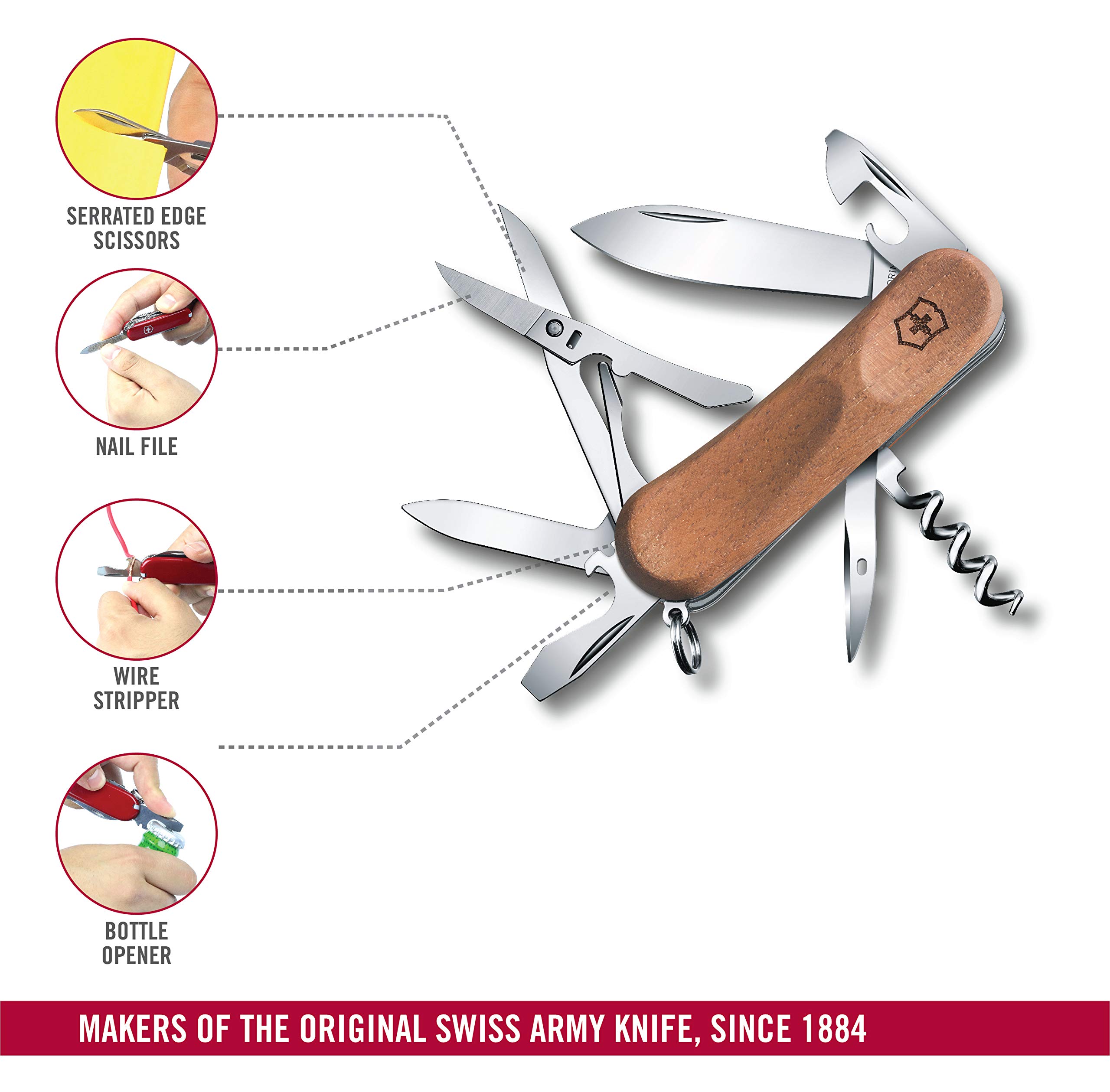 Victorinox EvoWood 14 Swiss Army Knife - Multitool Pocket Knife with Wood Handle for Camping, Hiking & Everyday Carry (EDC)