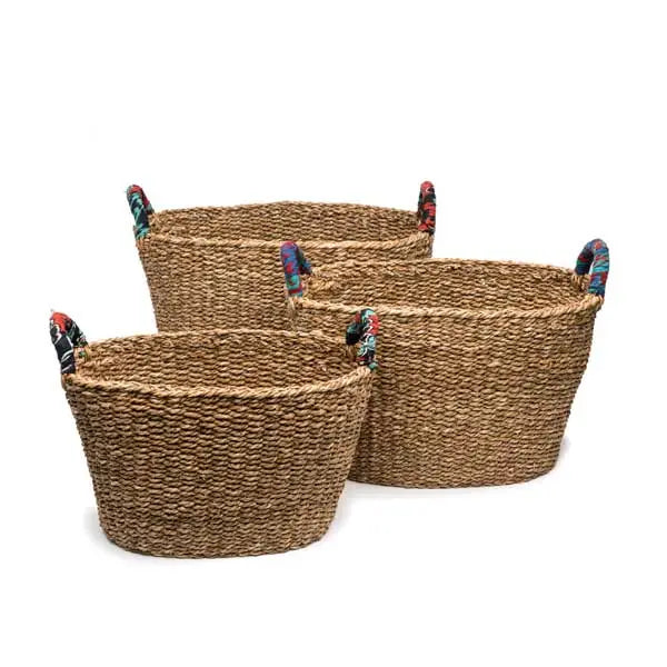 Stylish Sari Handled Holga Floor Baskets - Woven Storage Baskets for Home Organization, Living Room Decor & Laundry Hamper - Perfect for Boho Chic & Farmhouse Style